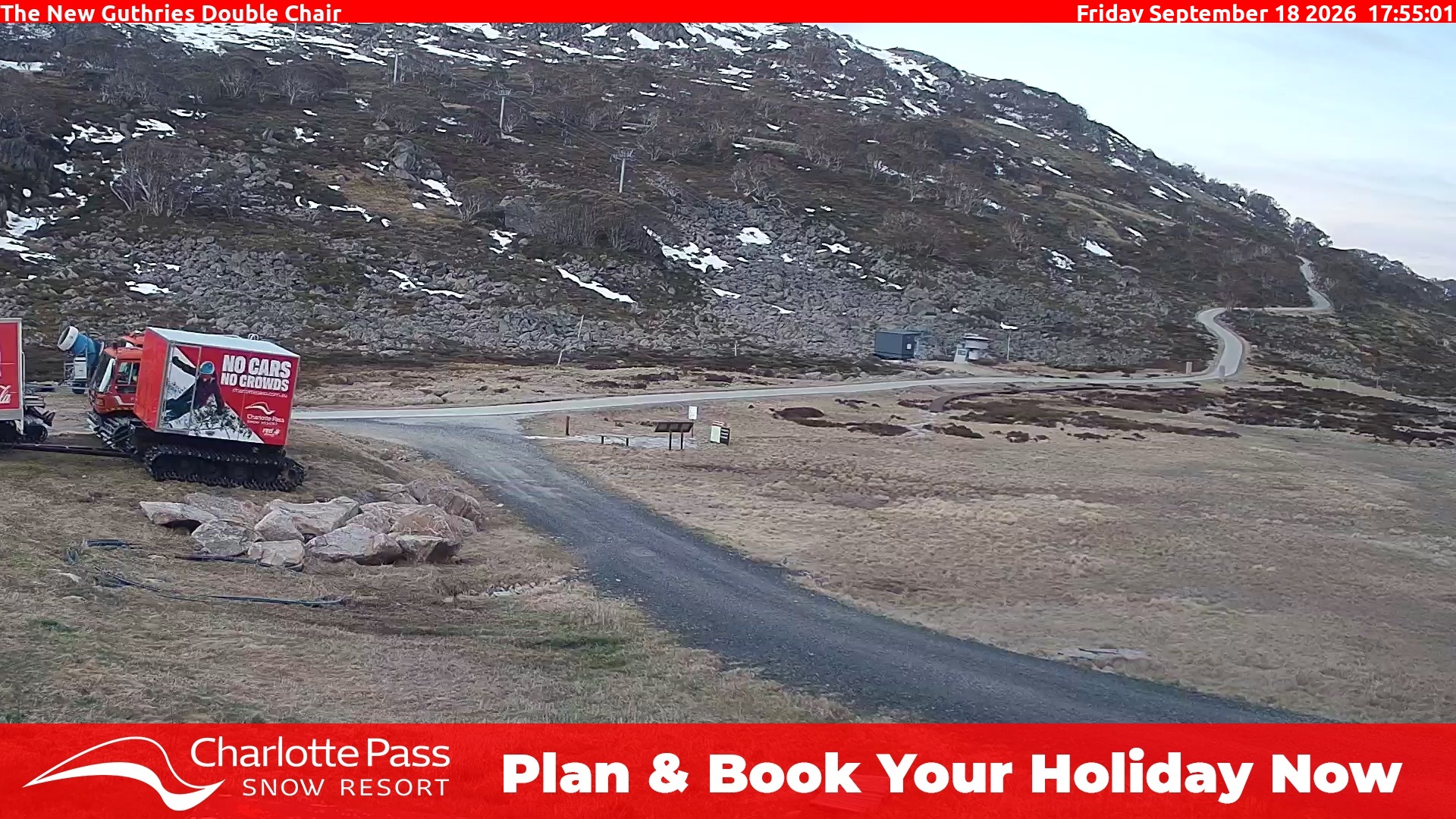 Charlotte Pass Guthries Double Chair snow cam captured at 18 September 2026 at 6:01 pm AEST