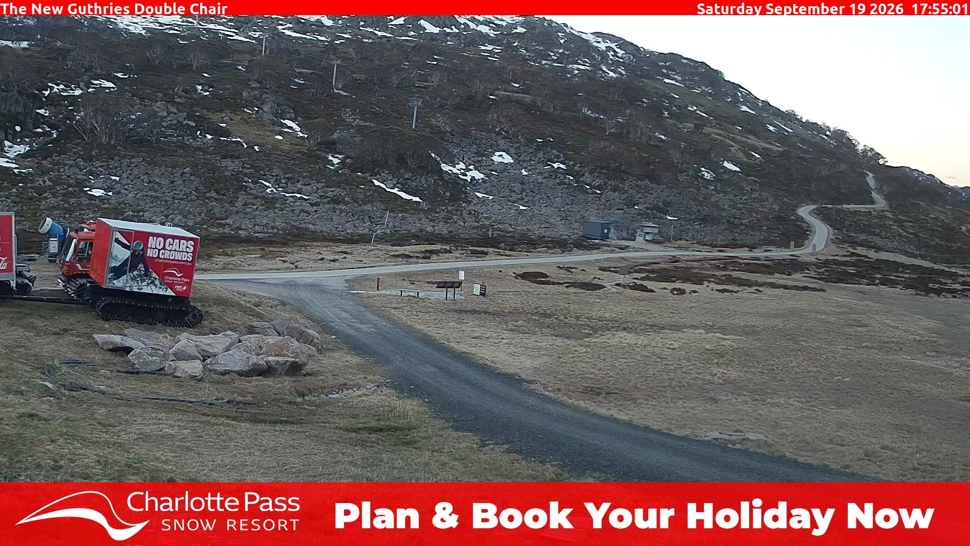 Charlotte Pass Guthries Double Chair snow cam captured at 19 September 2026 at 6:03 pm AEST