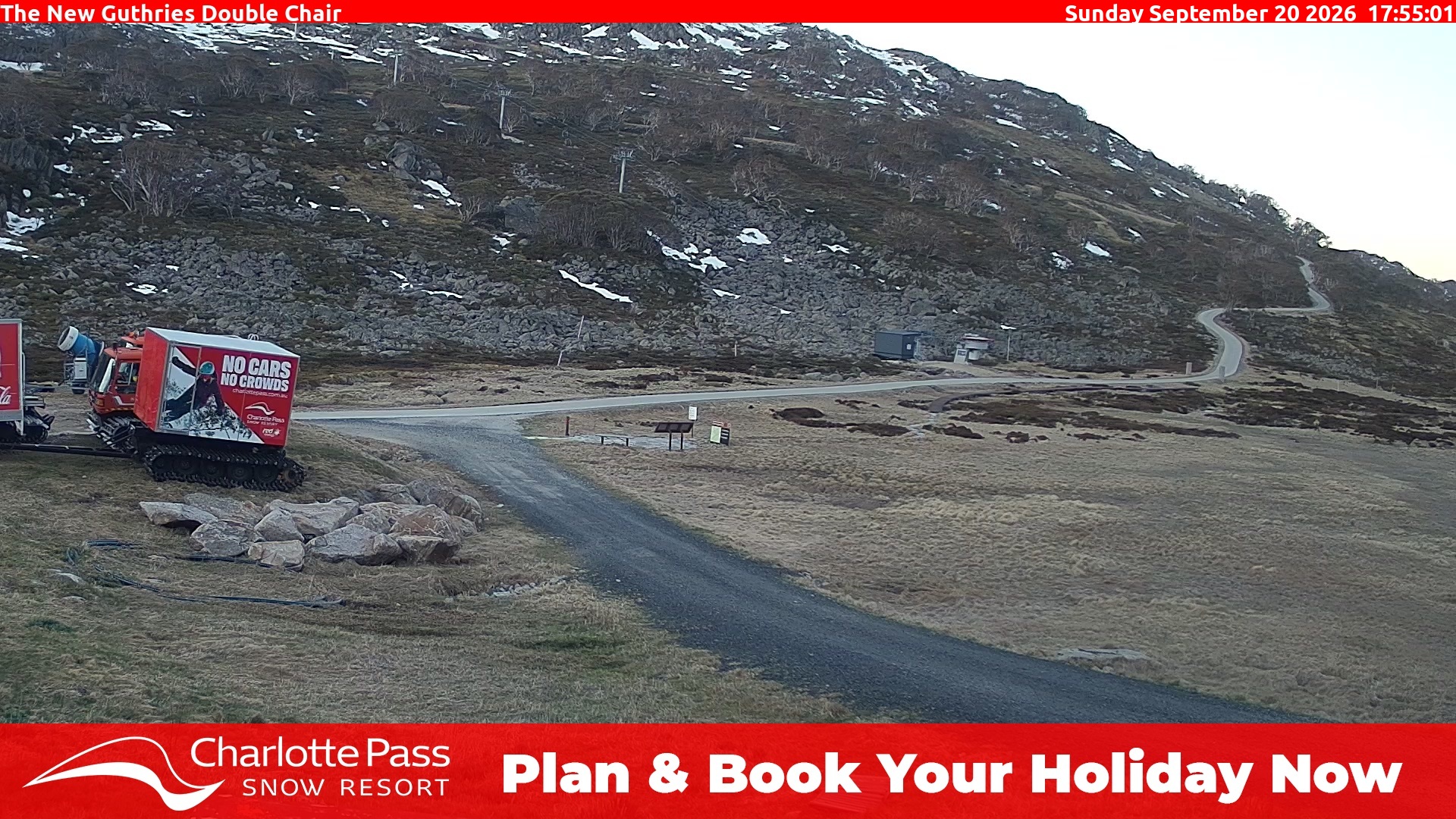 Charlotte Pass Guthries Double Chair snow cam captured at 20 September 2026 at 5:56 pm AEST