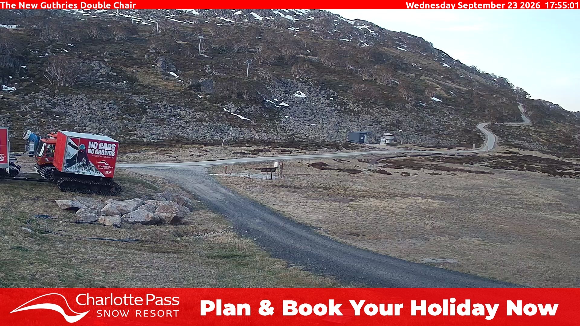 Charlotte Pass Guthries Double Chair snow cam captured at 23 September 2026 at 5:56 pm AEST