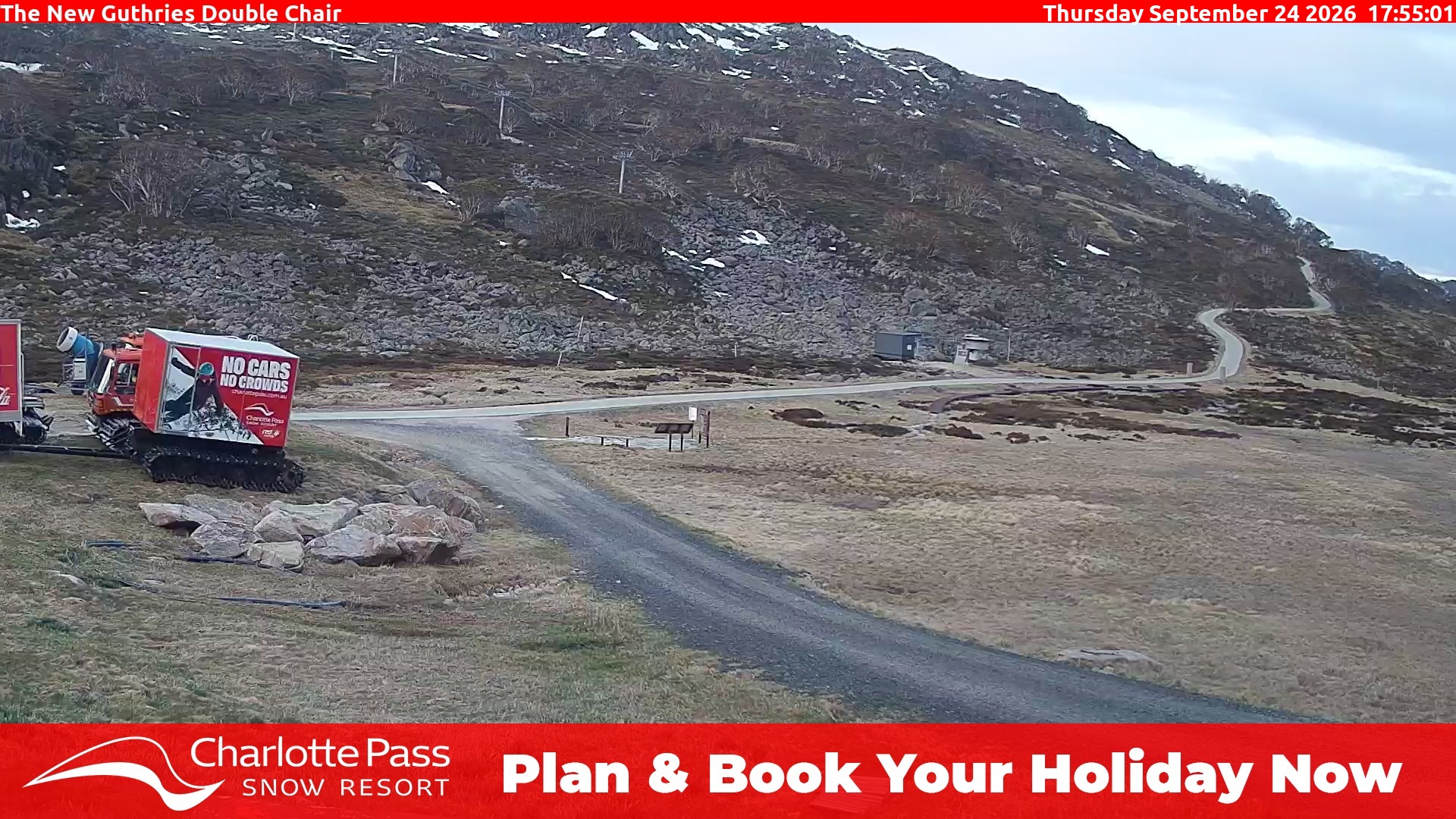 Charlotte Pass Guthries Double Chair snow cam captured at 24 September 2026 at 6:03 pm AEST