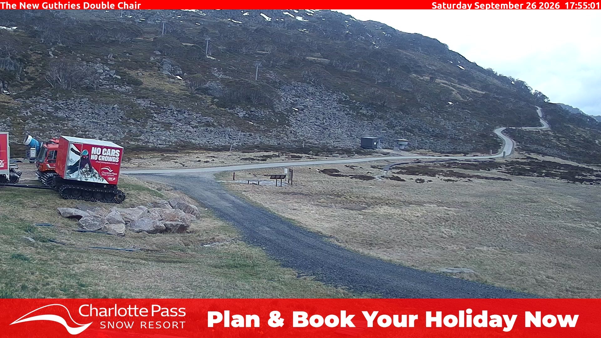 Charlotte Pass Guthries Double Chair snow cam captured at 26 September 2026 at 6:02 pm AEST