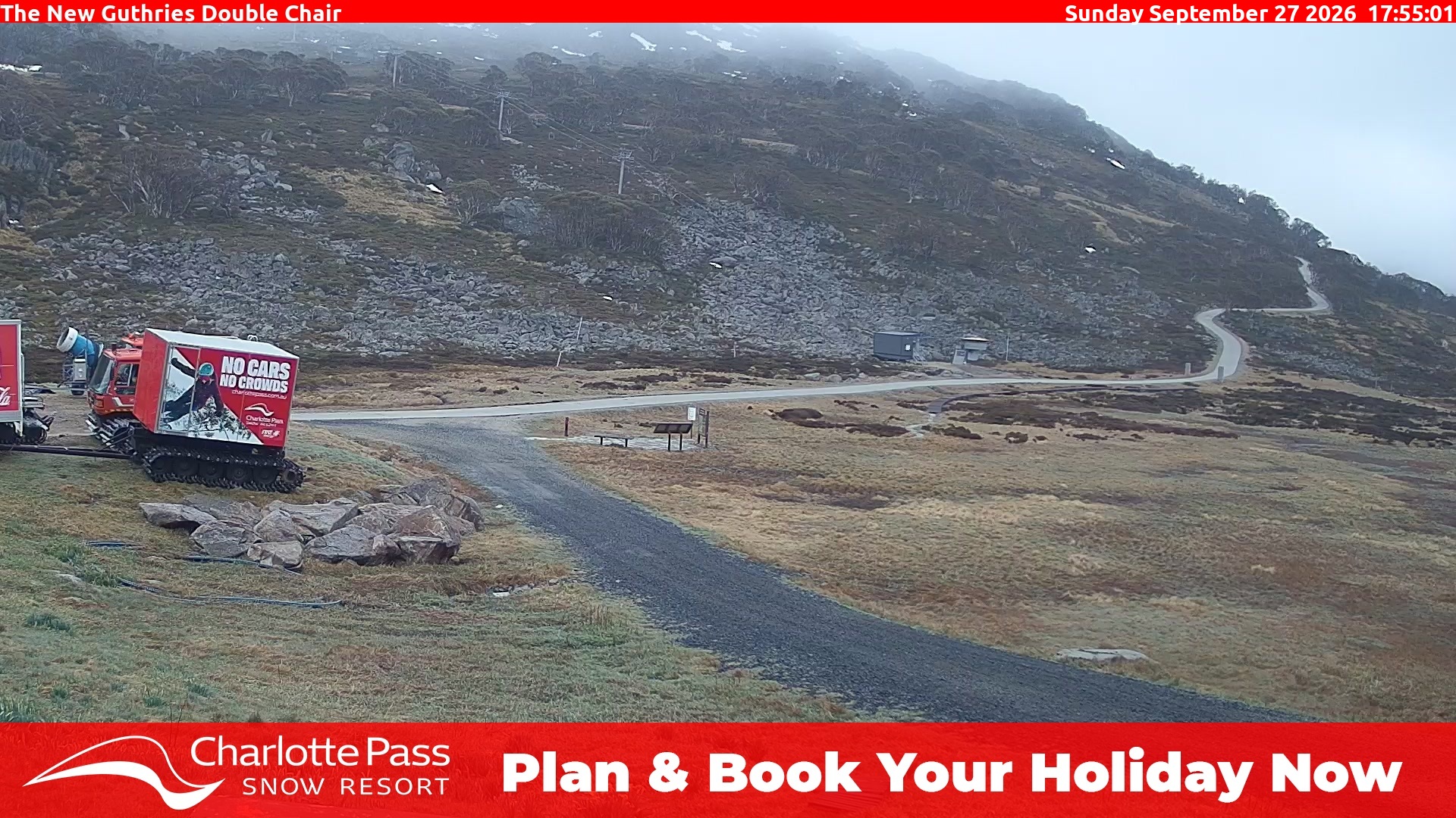 Charlotte Pass Guthries Double Chair snow cam captured at 27 September 2026 at 6:18 pm AEST