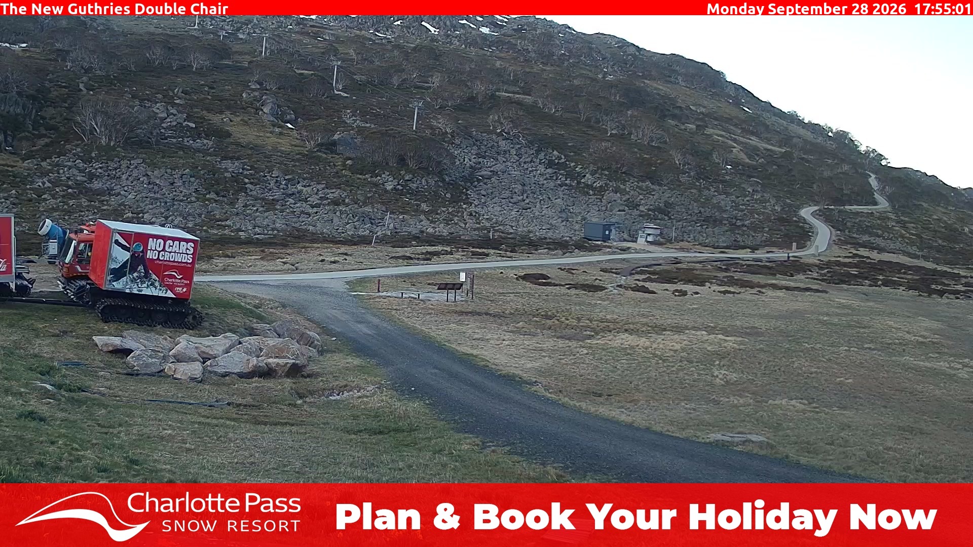 Charlotte Pass Guthries Double Chair snow cam captured at 28 September 2026 at 5:58 pm AEST