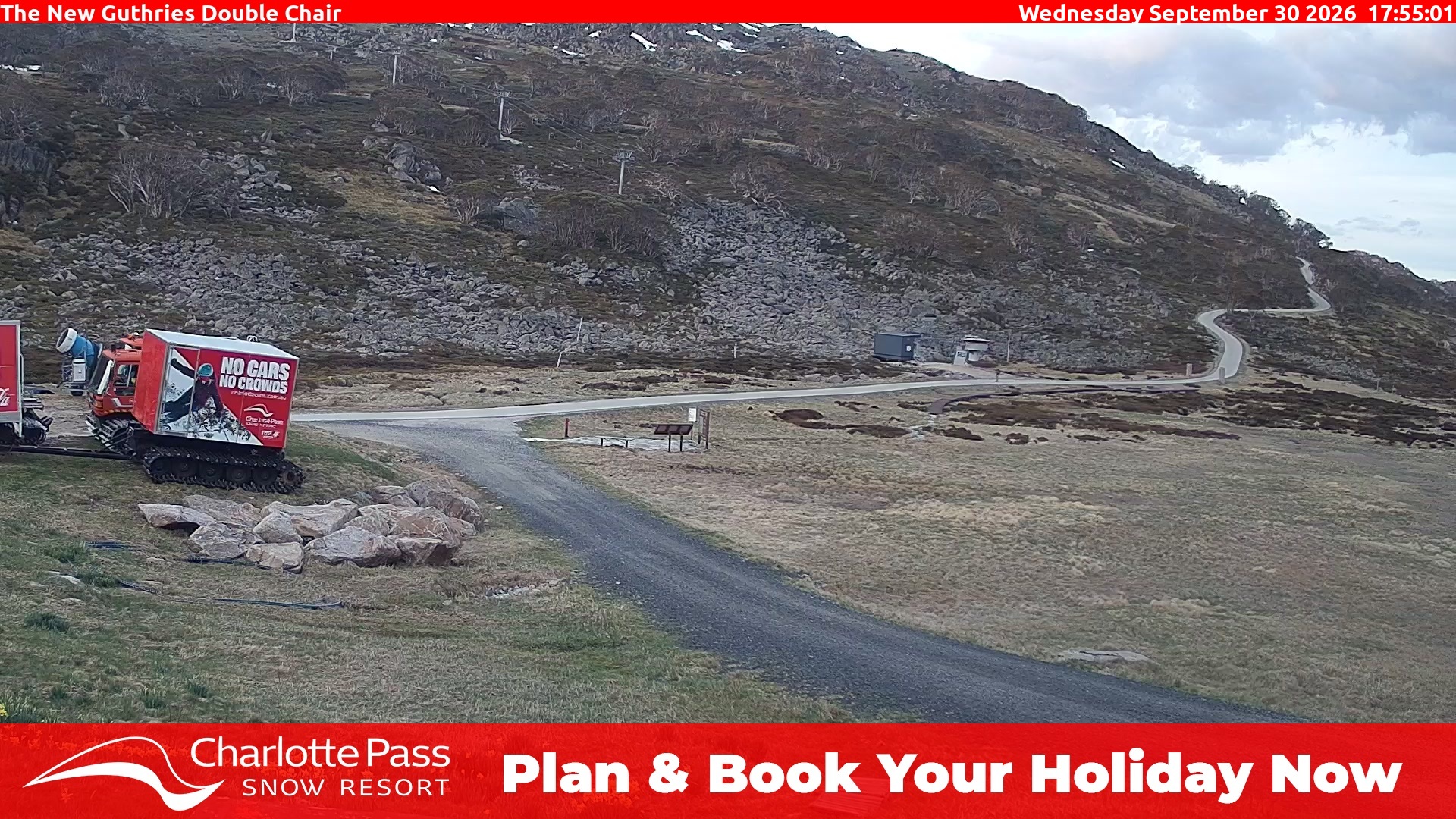 Charlotte Pass Guthries Double Chair snow cam captured at 30 September 2026 at 6:00 pm AEST