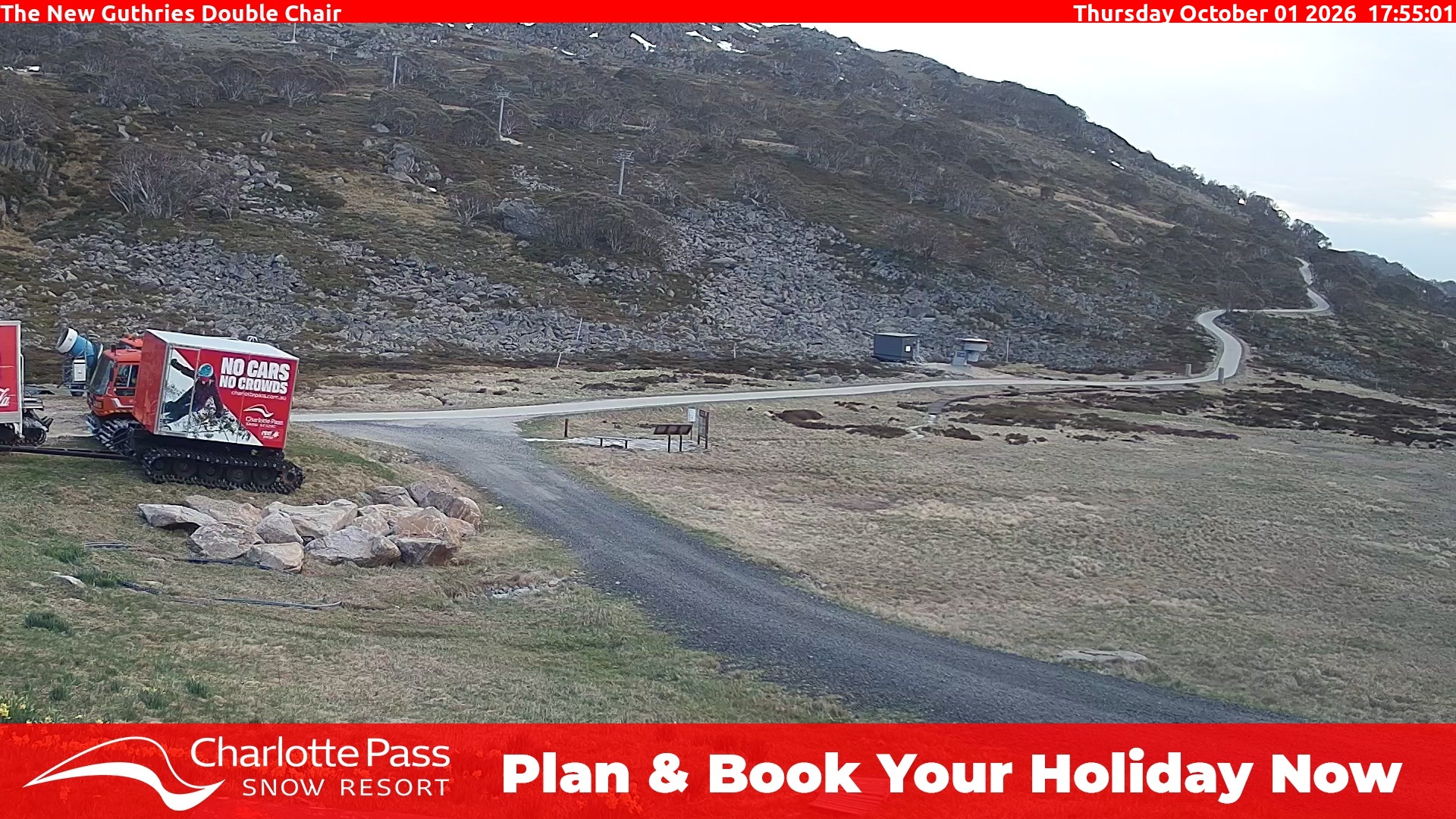 Charlotte Pass Guthries Double Chair snow cam captured at 1 October 2026 at 6:10 pm AEST