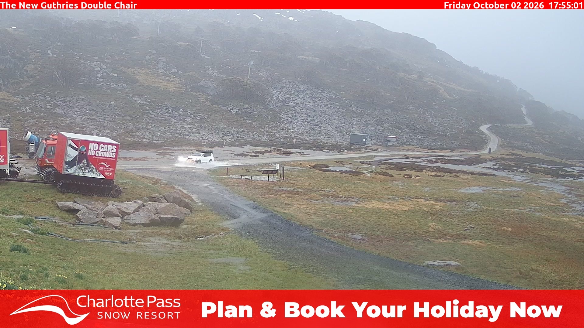 Charlotte Pass Guthries Double Chair snow cam captured at 2 October 2026 at 5:59 pm AEST