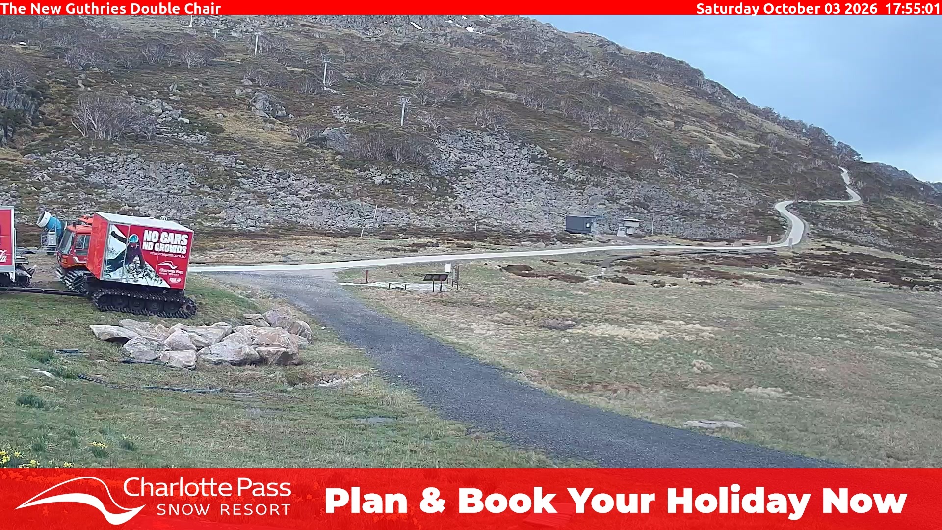 Charlotte Pass Guthries Double Chair snow cam captured at 3 October 2026 at 6:18 pm AEST