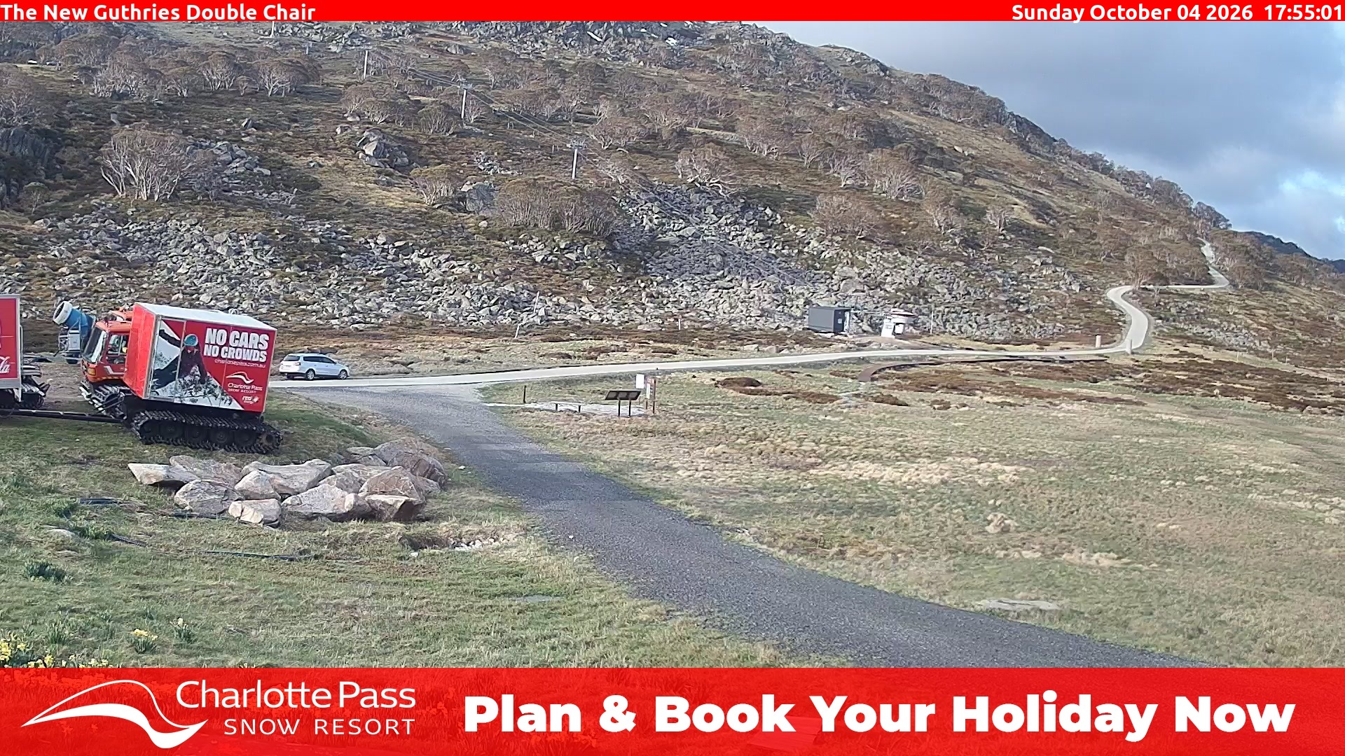 Charlotte Pass Guthries Double Chair snow cam captured at 4 October 2026 at 5:55 pm AEDT