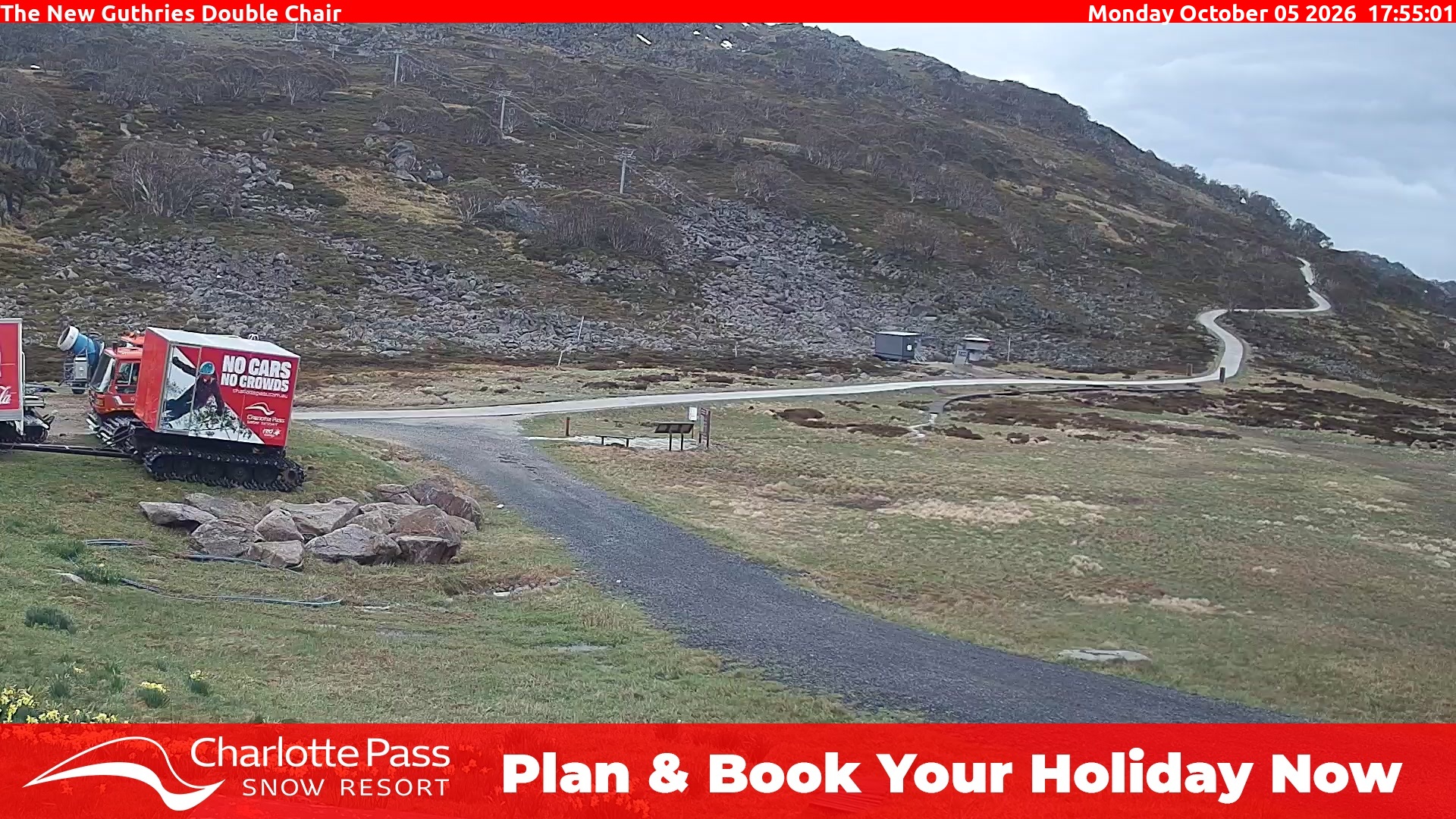 Charlotte Pass Guthries Double Chair snow cam captured at 5 October 2026 at 6:04 pm AEDT