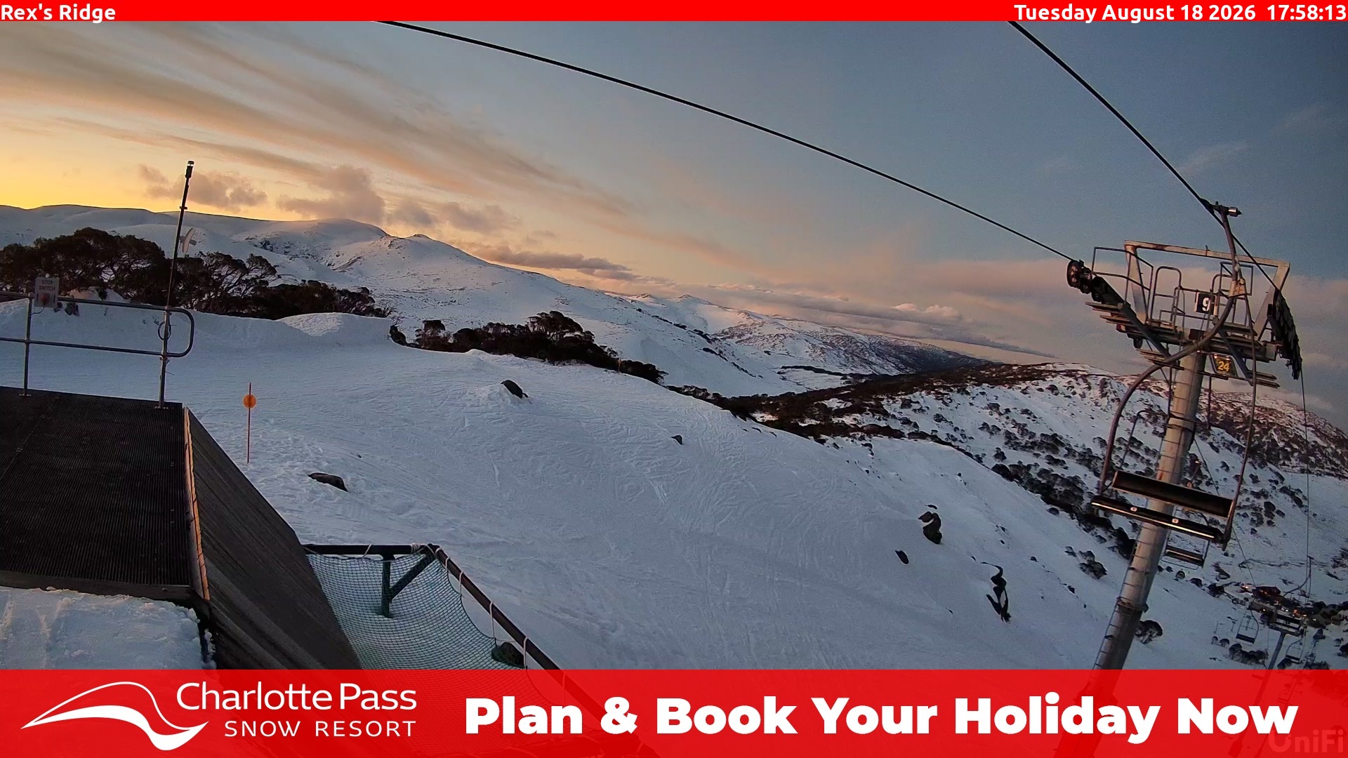 Charlotte Pass Rex's Ridge snow cam captured at 18 August 2026 at 6:07 pm AEST