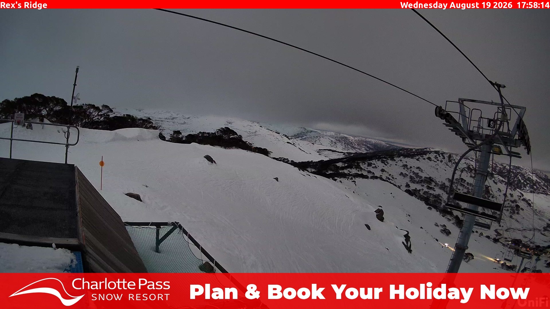 Charlotte Pass Rex's Ridge snow cam captured at 19 August 2026 at 6:01 pm AEST