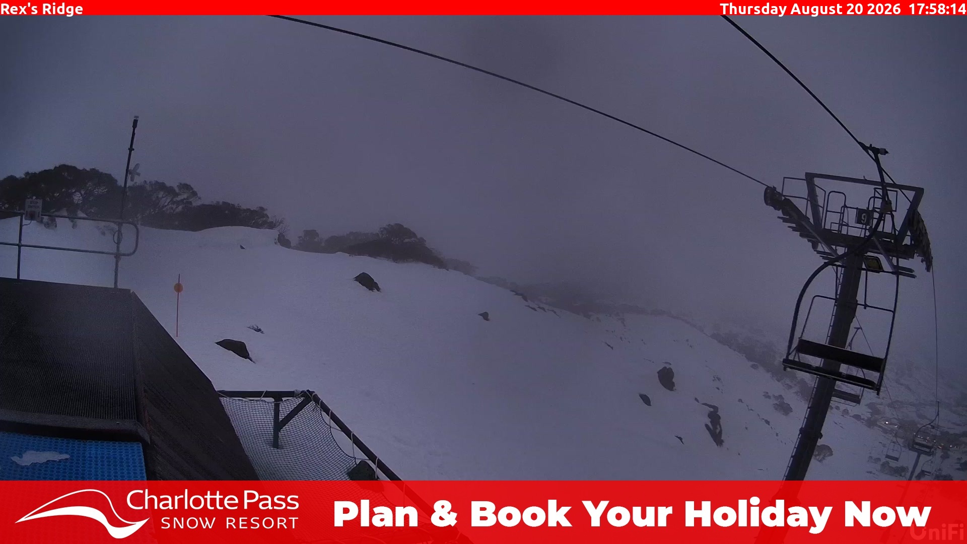 Charlotte Pass Rex's Ridge snow cam captured at 20 August 2026 at 6:02 pm AEST