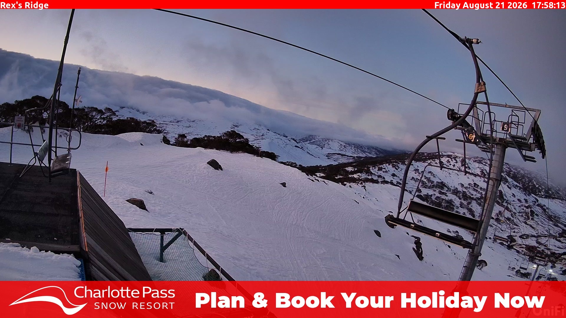 Charlotte Pass Rex's Ridge snow cam captured at 21 August 2026 at 6:03 pm AEST
