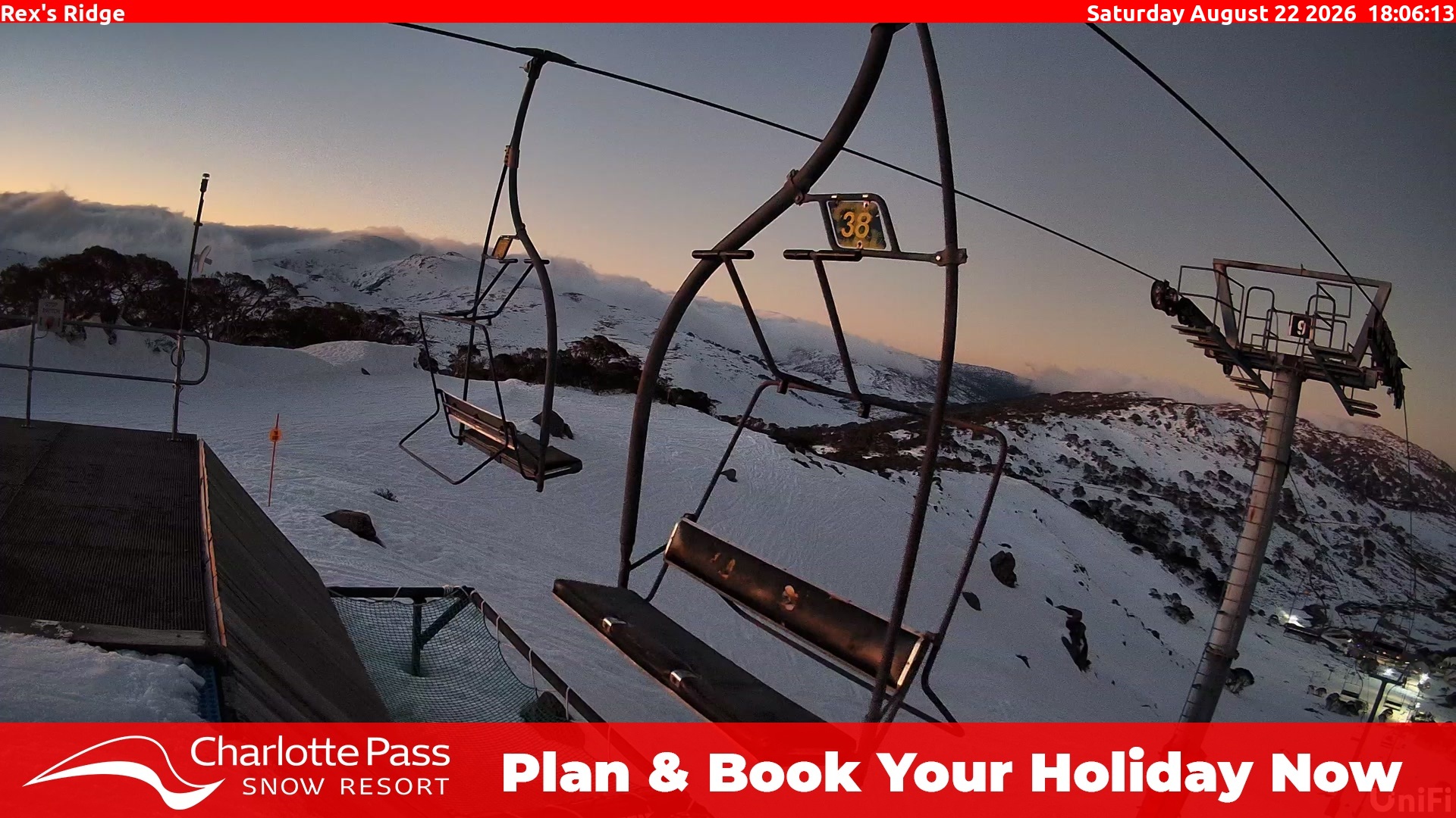 Charlotte Pass Rex's Ridge snow cam captured at 22 August 2026 at 6:15 pm AEST