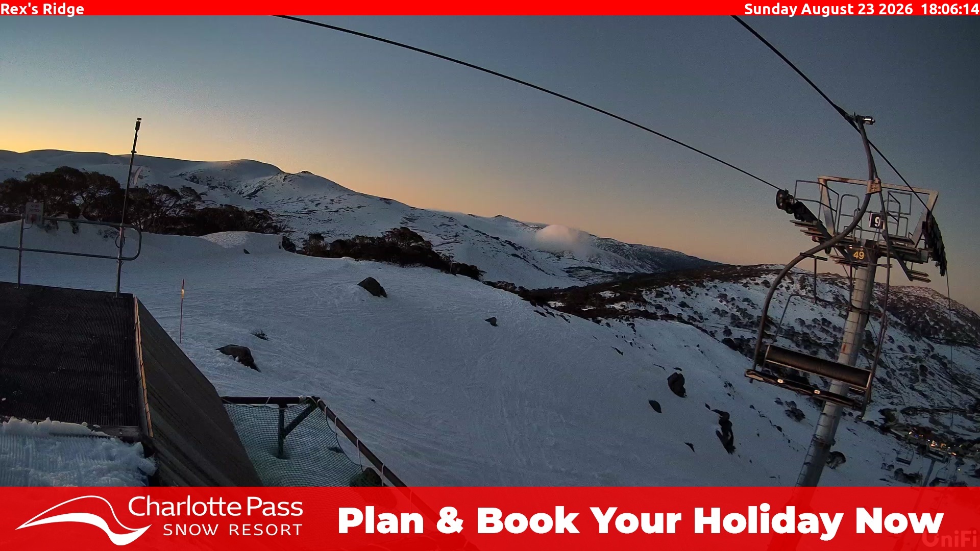 Charlotte Pass Rex's Ridge snow cam captured at 23 August 2026 at 6:16 pm AEST