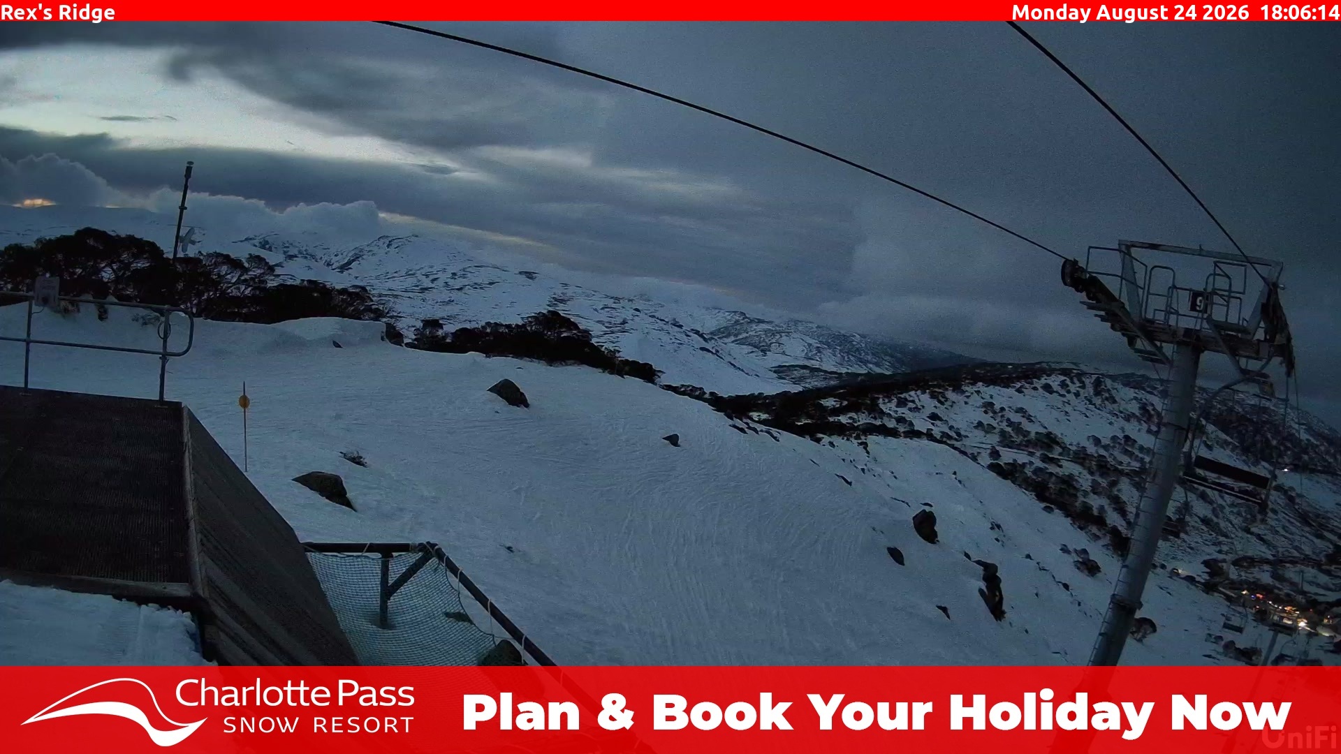 Charlotte Pass Rex's Ridge snow cam captured at 24 August 2026 at 6:17 pm AEST