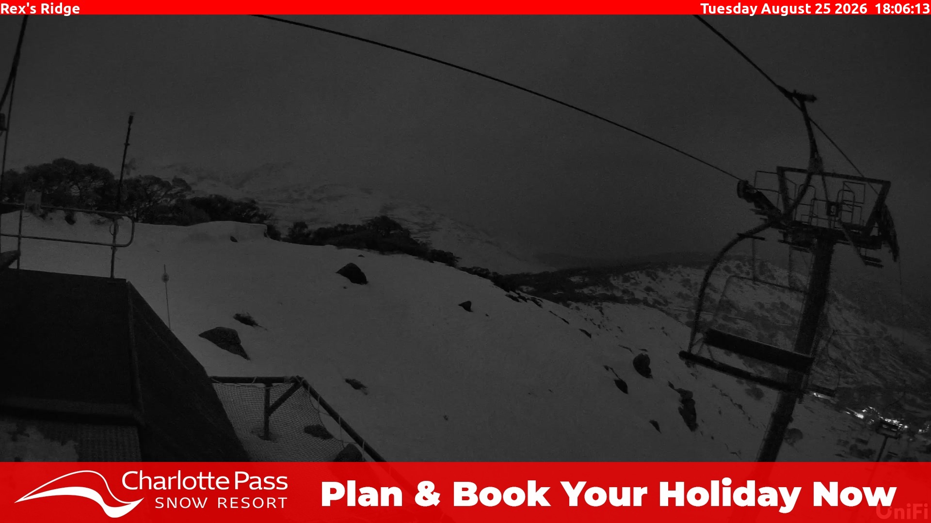 Charlotte Pass Rex's Ridge snow cam captured at 25 August 2026 at 6:18 pm AEST