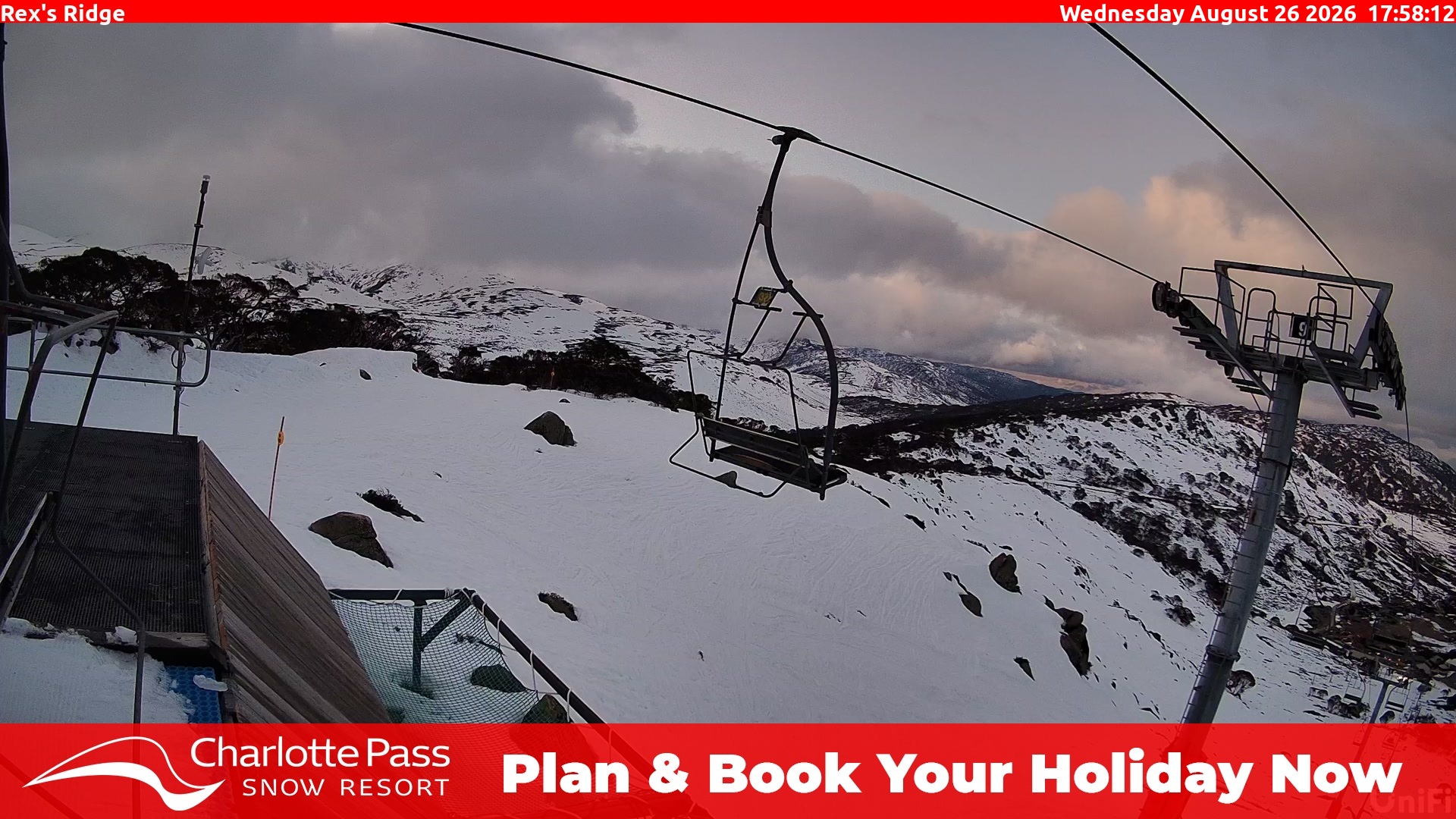 Charlotte Pass Rex's Ridge snow cam captured at 26 August 2026 at 6:08 pm AEST