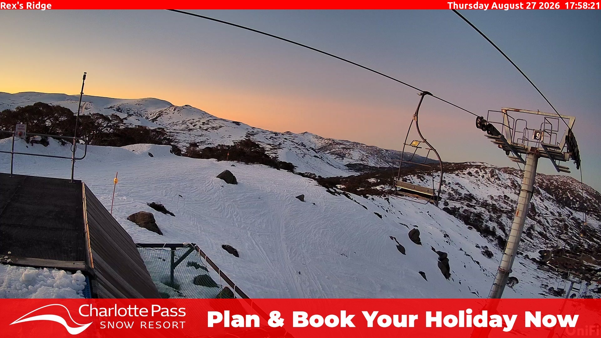 Charlotte Pass Rex's Ridge snow cam captured at 27 August 2026 at 5:58 pm AEST