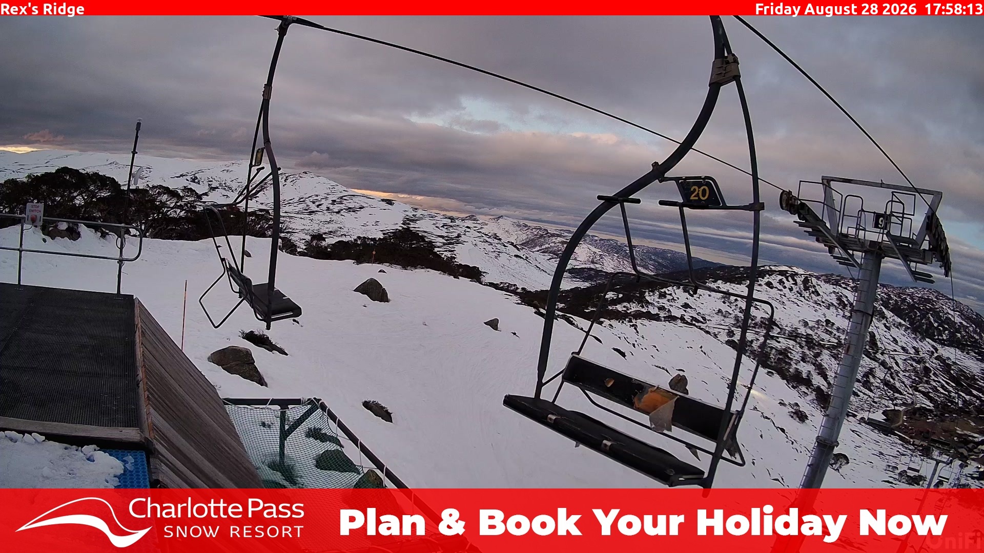 Charlotte Pass Rex's Ridge snow cam captured at 28 August 2026 at 5:59 pm AEST