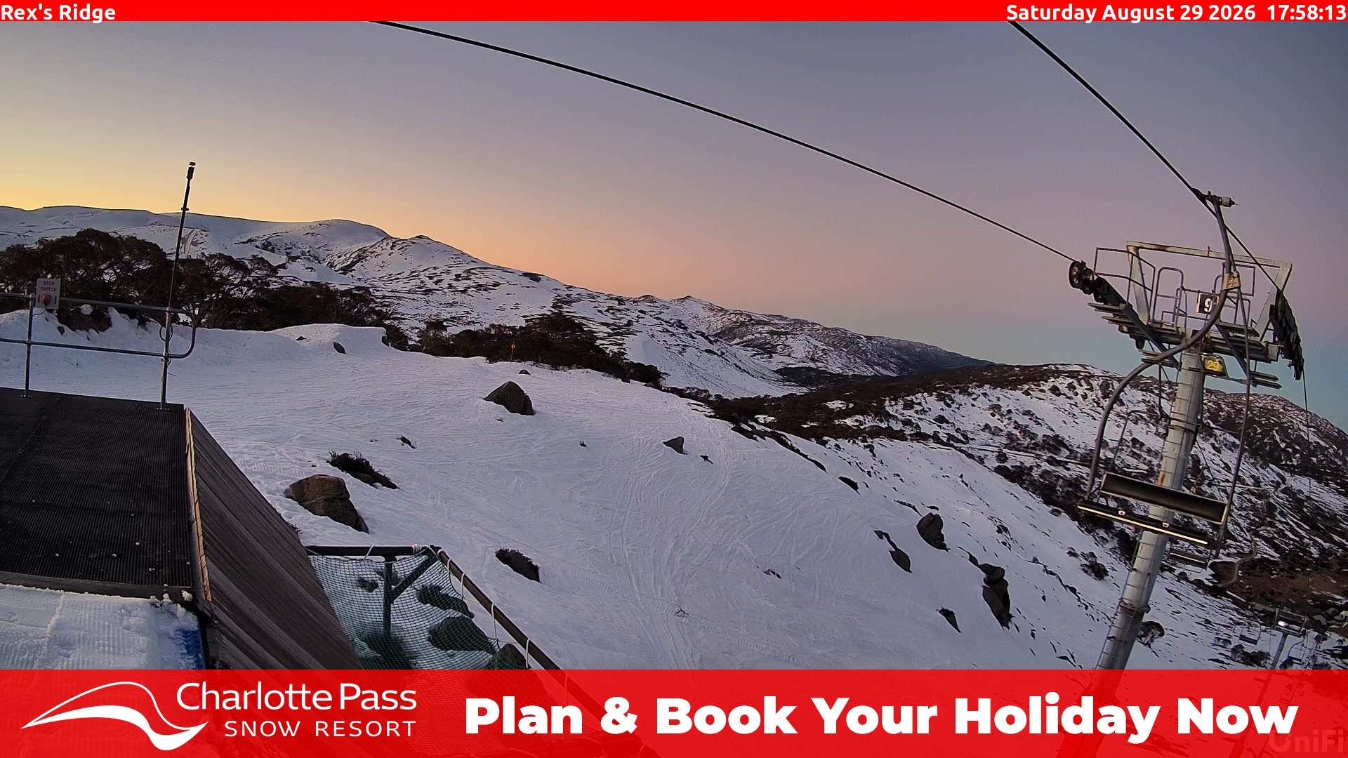 Charlotte Pass Rex's Ridge snow cam captured at 29 August 2026 at 6:00 pm AEST