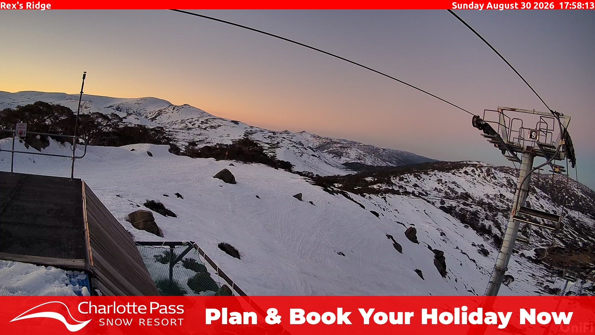 Charlotte Pass Rex's Ridge snow cam captured at 30 August 2026 at 6:01 pm AEST