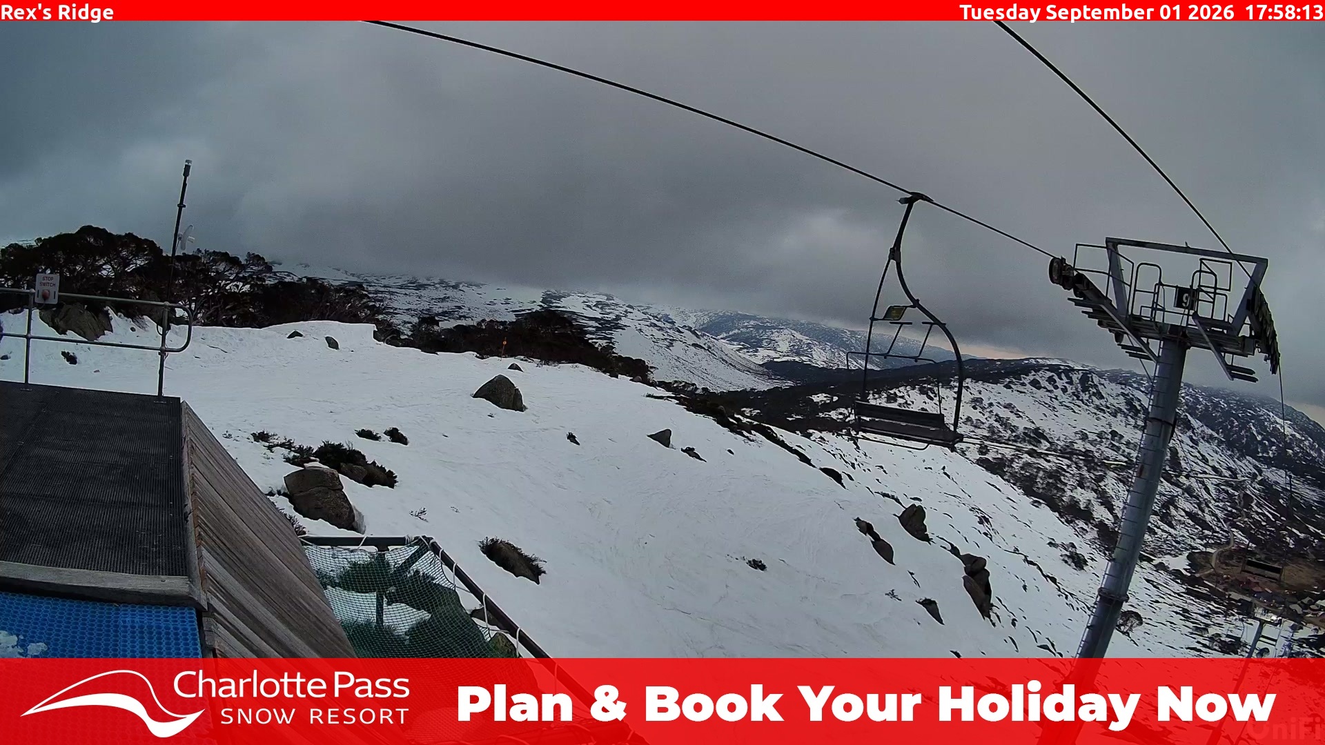 Charlotte Pass Rex's Ridge snow cam captured at 1 September 2026 at 6:03 pm AEST