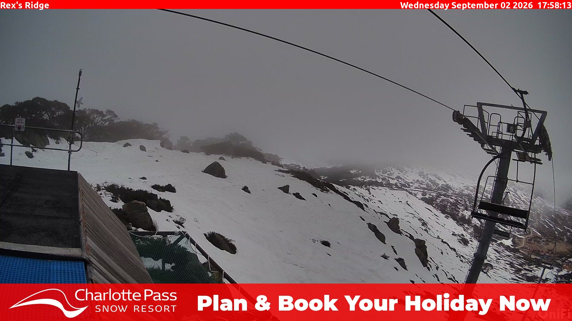 Charlotte Pass Rex's Ridge snow cam captured at 2 September 2026 at 5:58 pm AEST