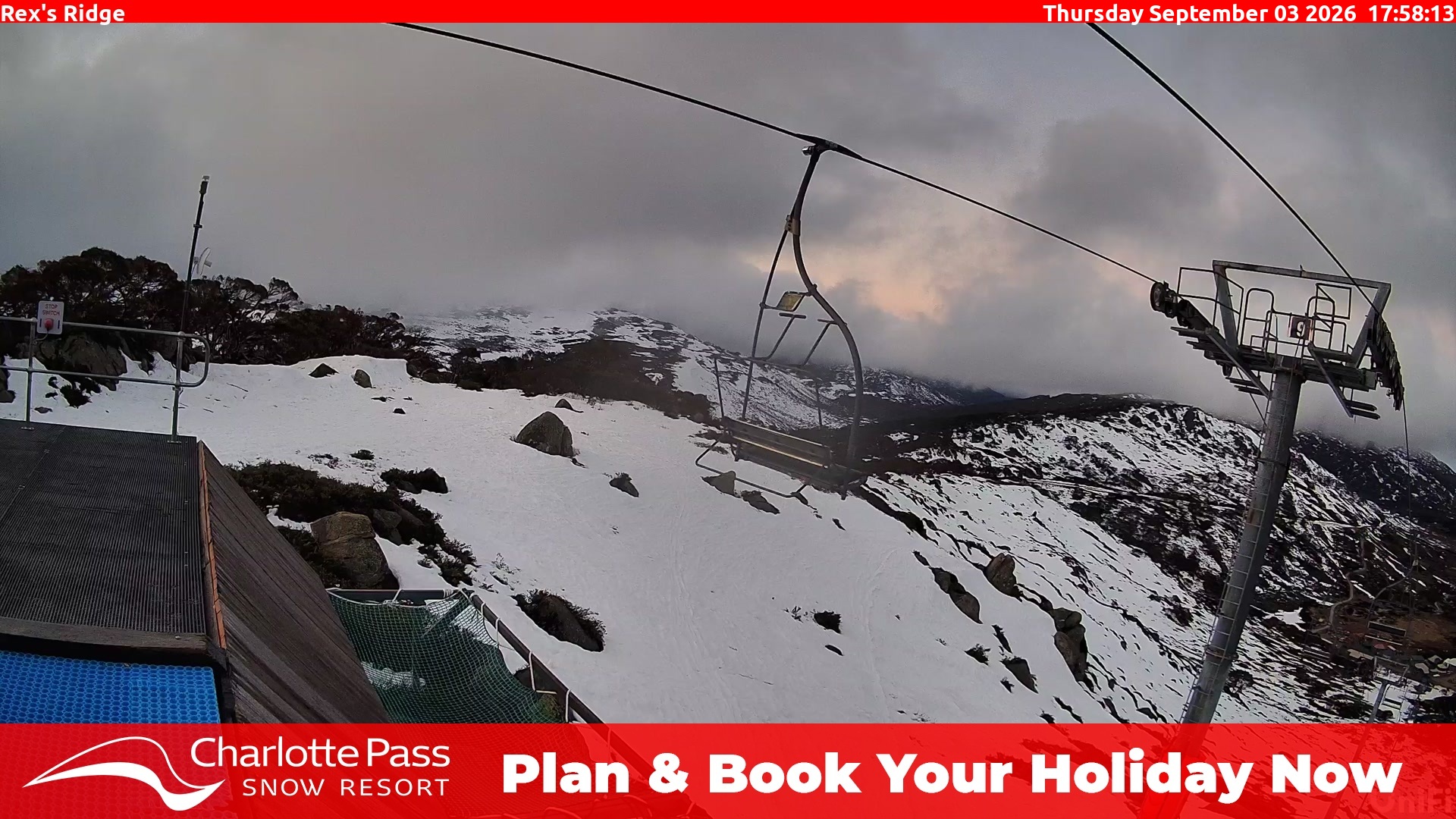 Charlotte Pass Rex's Ridge snow cam captured at 3 September 2026 at 6:02 pm AEST