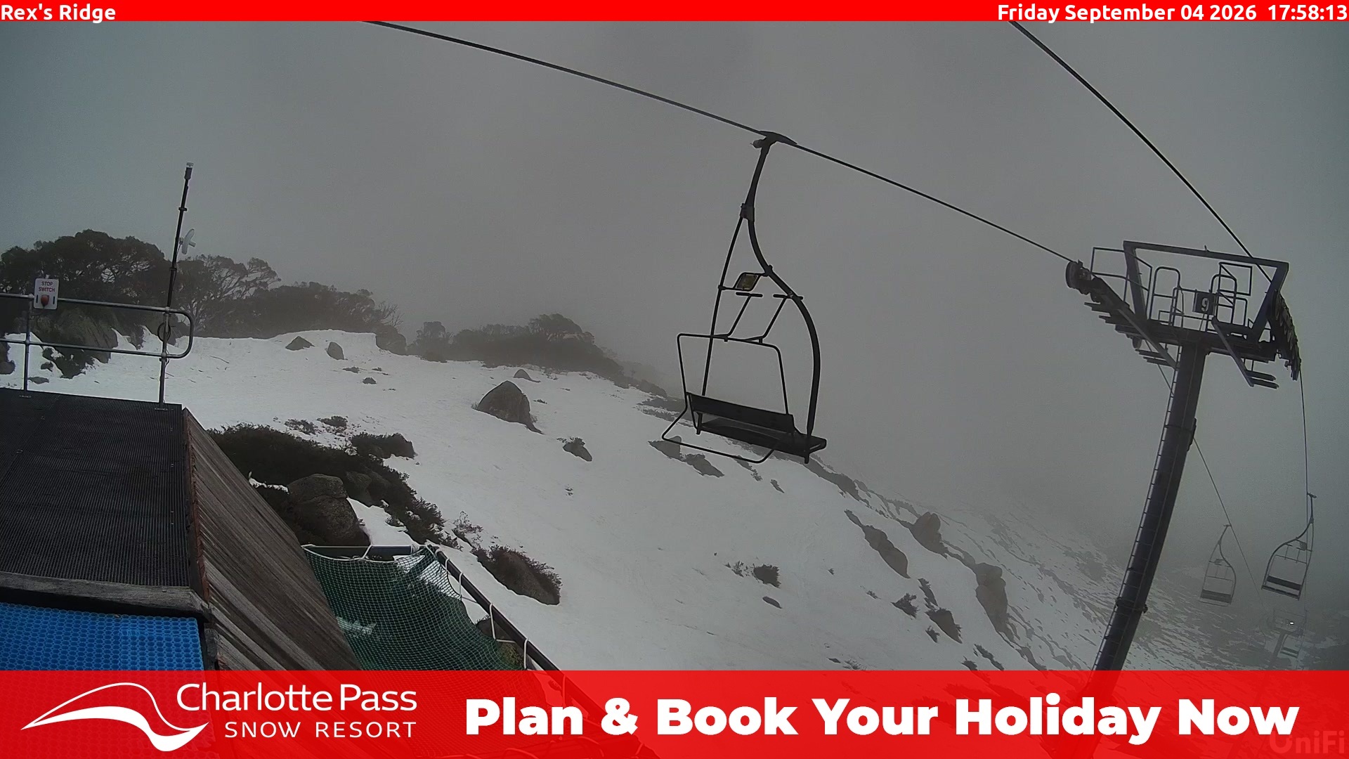 Charlotte Pass Rex's Ridge snow cam captured at 4 September 2026 at 6:03 pm AEST