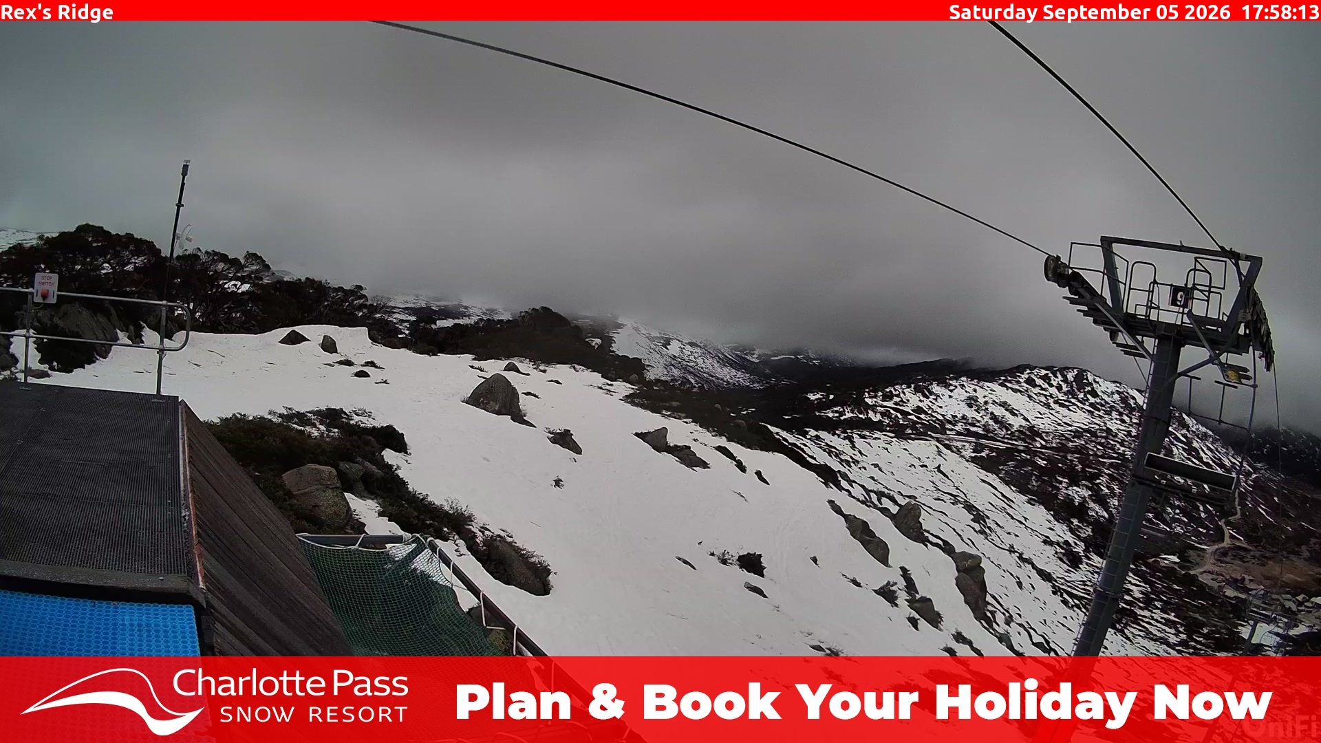 Charlotte Pass Rex's Ridge snow cam captured at 5 September 2026 at 6:09 pm AEST