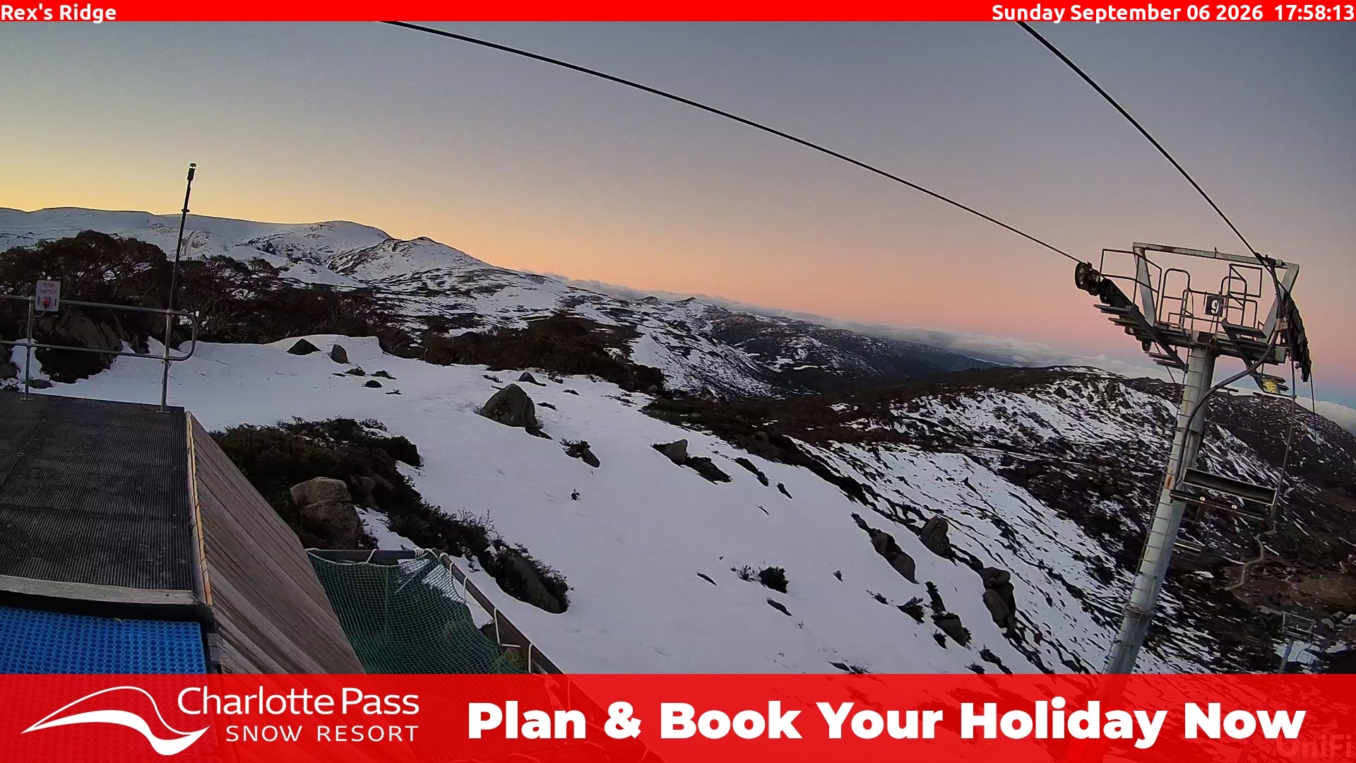 Charlotte Pass Rex's Ridge snow cam captured at 6 September 2026 at 6:00 pm AEST