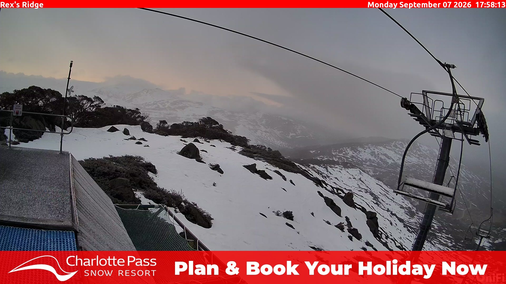 Charlotte Pass Rex's Ridge snow cam captured at 7 September 2026 at 6:05 pm AEST