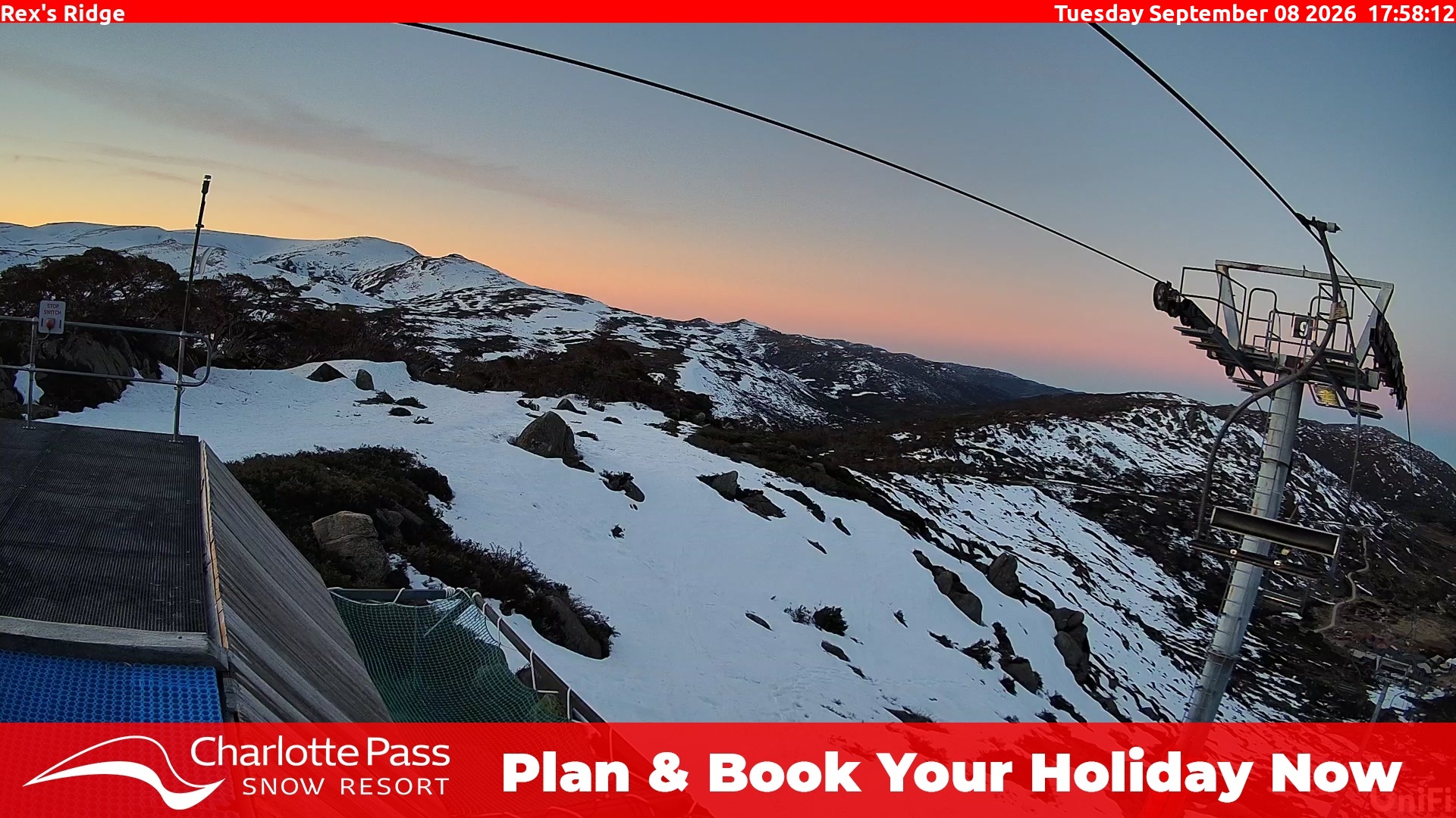 Charlotte Pass Rex's Ridge snow cam captured at 8 September 2026 at 6:06 pm AEST