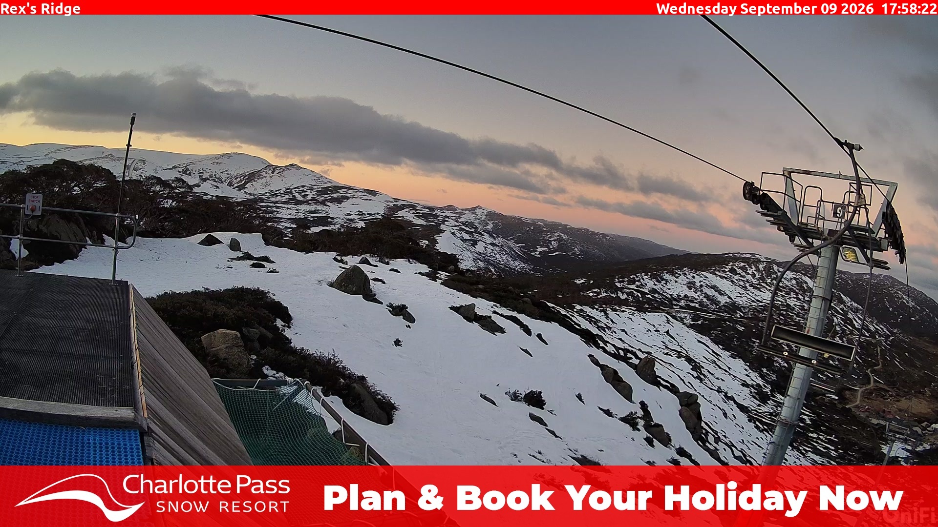 Charlotte Pass Rex's Ridge snow cam captured at 9 September 2026 at 6:07 pm AEST