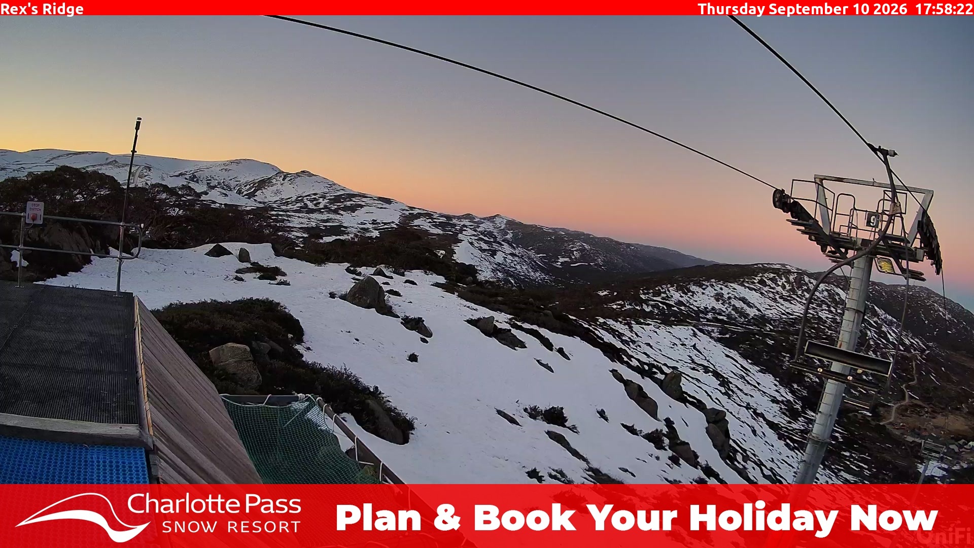 Charlotte Pass Rex's Ridge snow cam captured at 10 September 2026 at 6:07 pm AEST