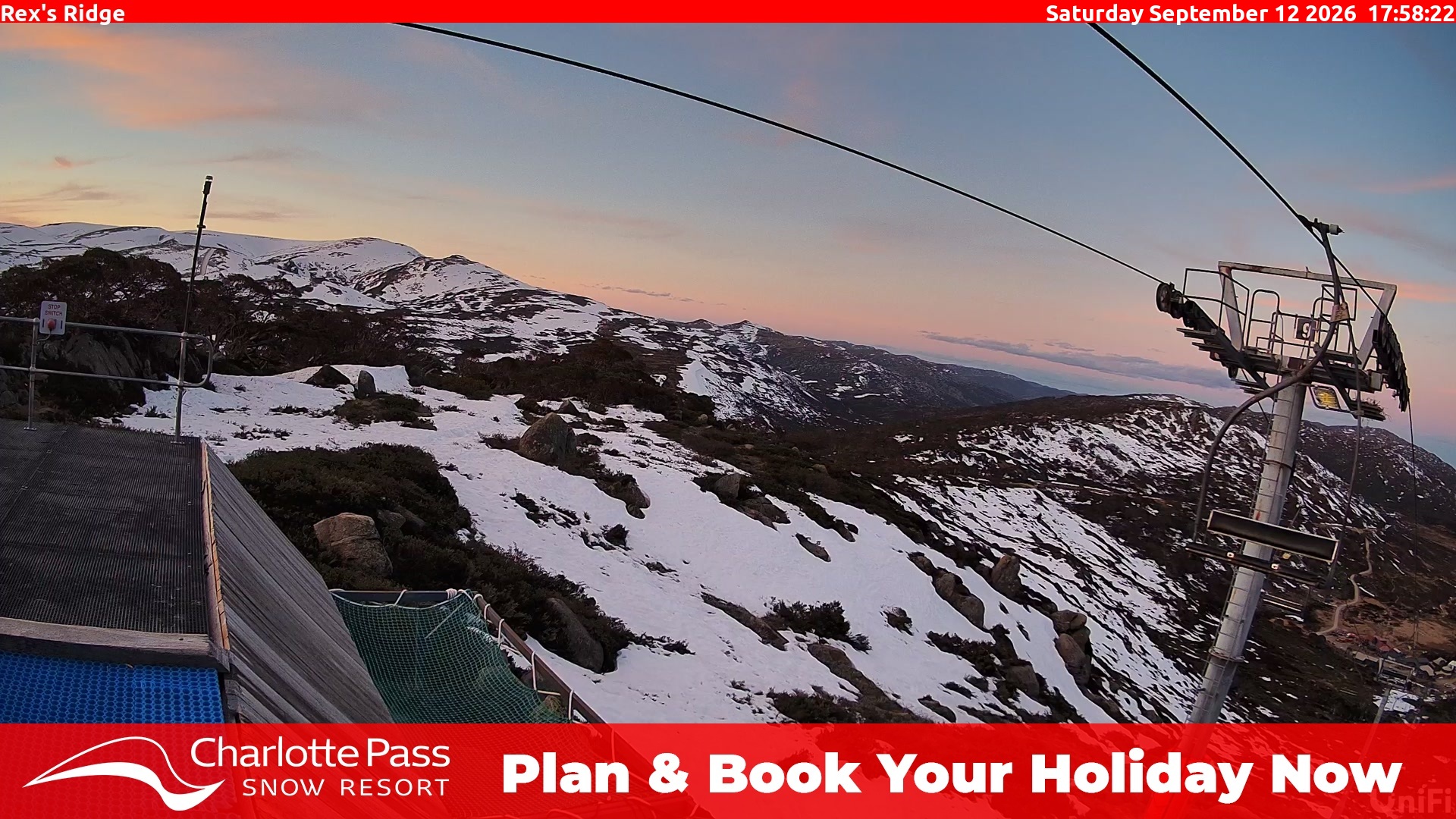 Charlotte Pass Rex's Ridge snow cam captured at 12 September 2026 at 6:01 pm AEST