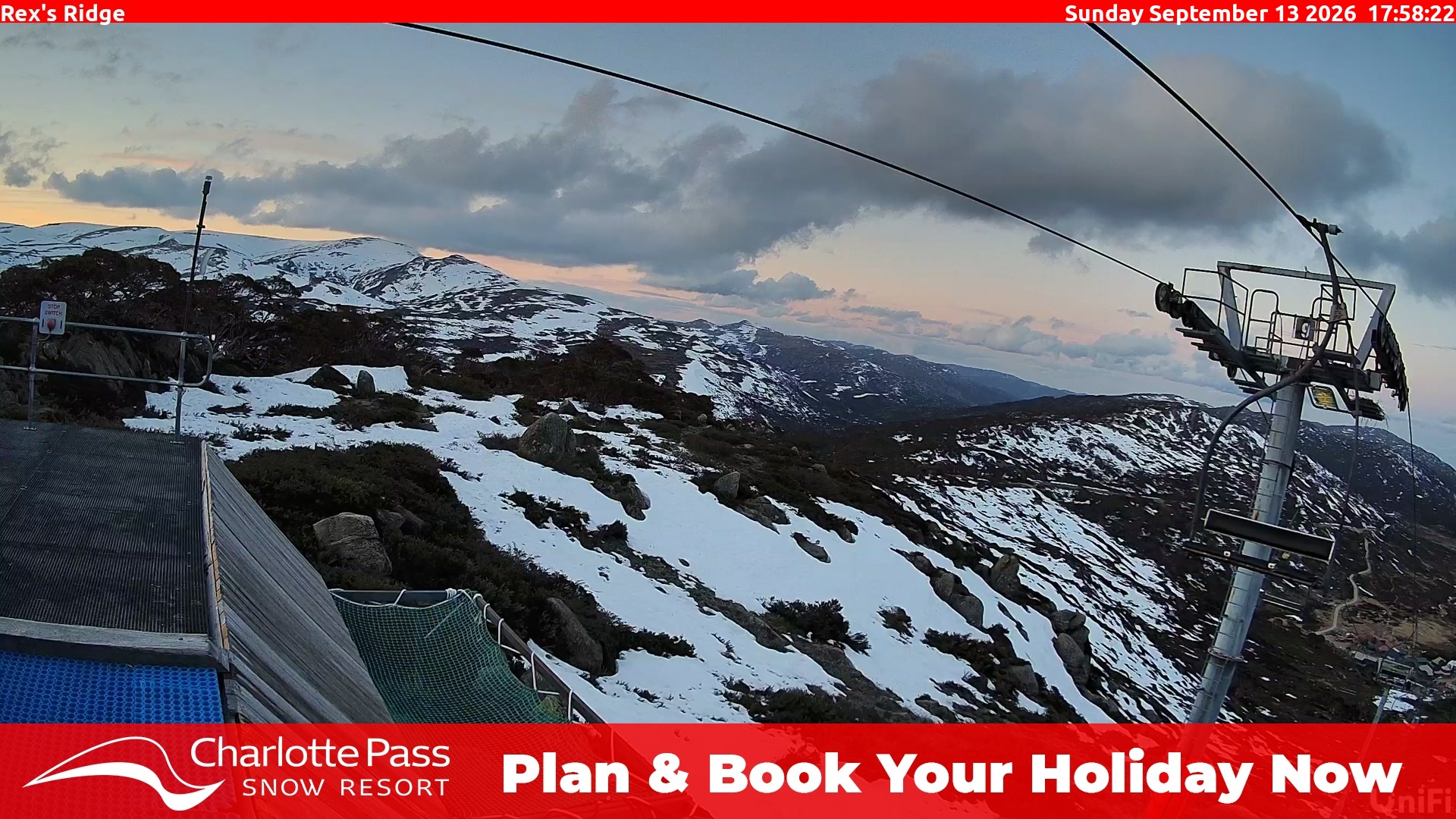 Charlotte Pass Rex's Ridge snow cam captured at 13 September 2026 at 6:00 pm AEST