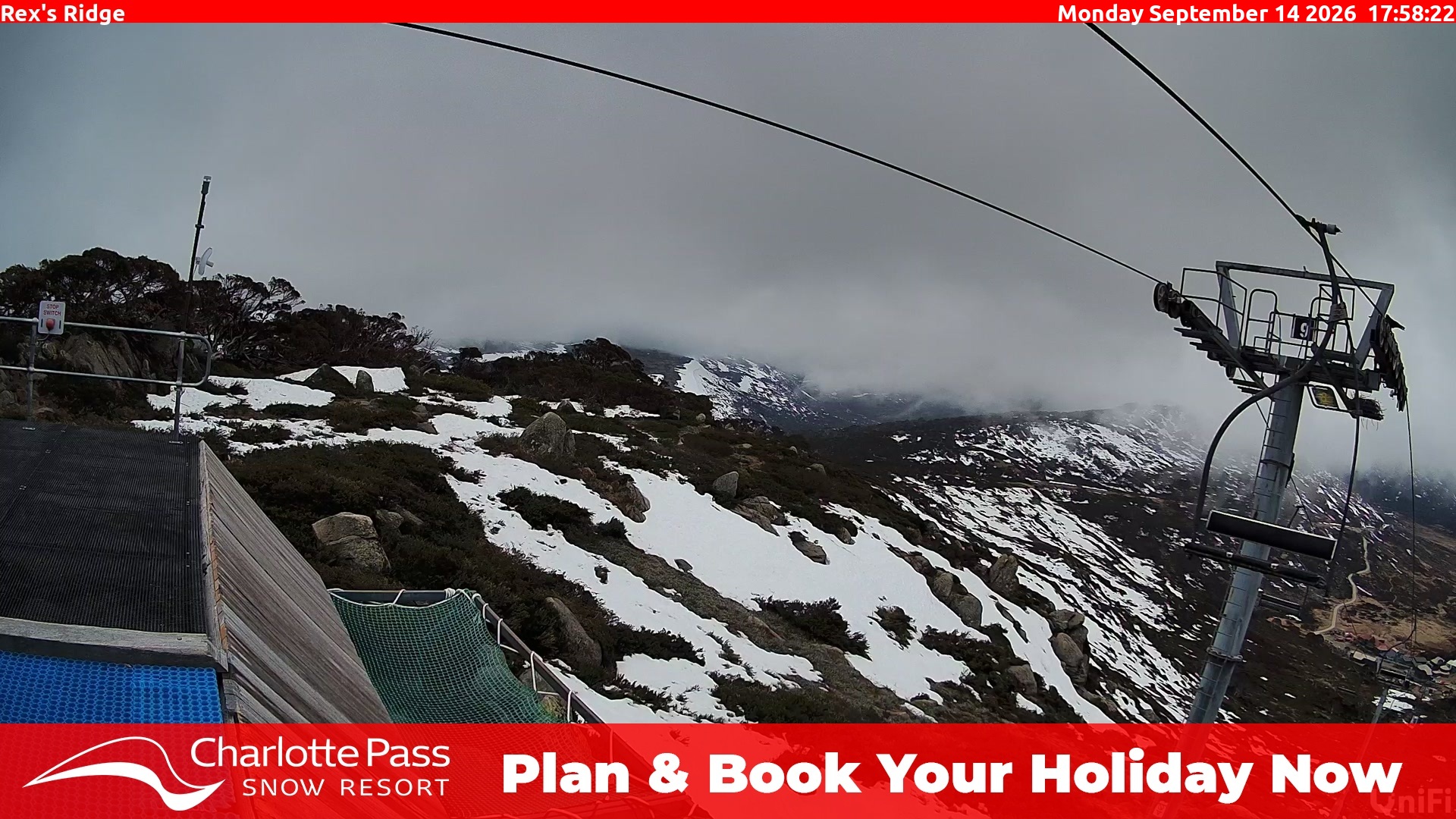 Charlotte Pass Rex's Ridge snow cam captured at 14 September 2026 at 6:04 pm AEST