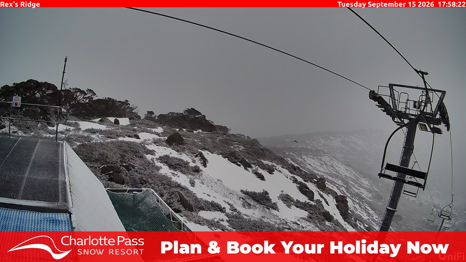 Charlotte Pass Rex's Ridge snow cam captured at 15 September 2026 at 6:02 pm AEST