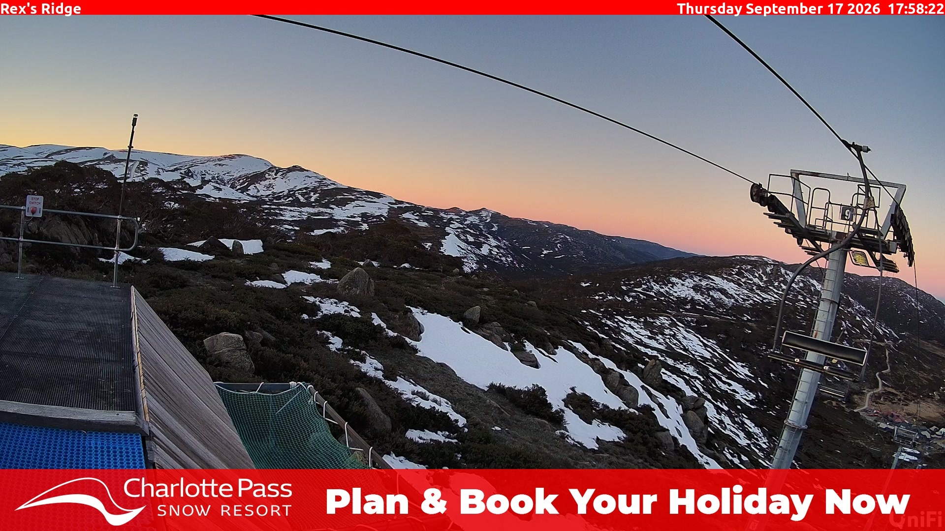 Charlotte Pass Rex's Ridge snow cam captured at 17 September 2026 at 6:09 pm AEST