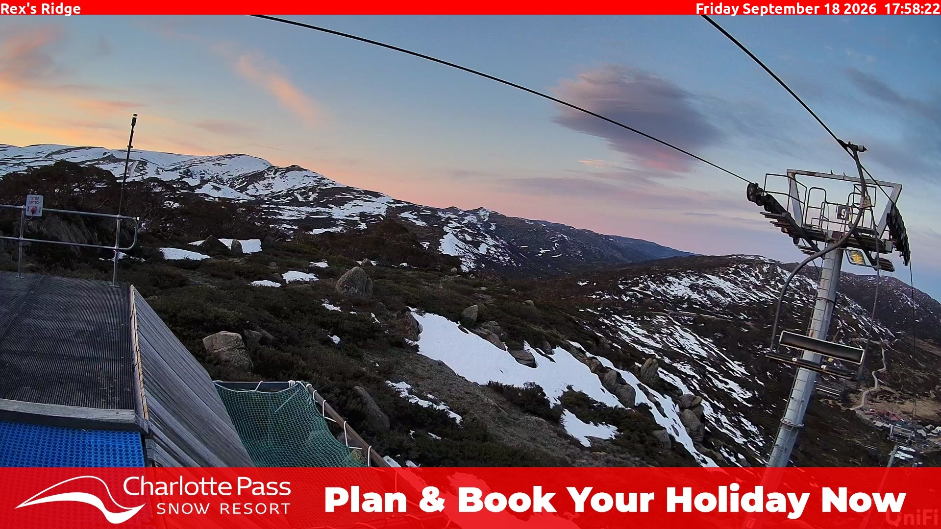 Charlotte Pass Rex's Ridge snow cam captured at 18 September 2026 at 6:01 pm AEST