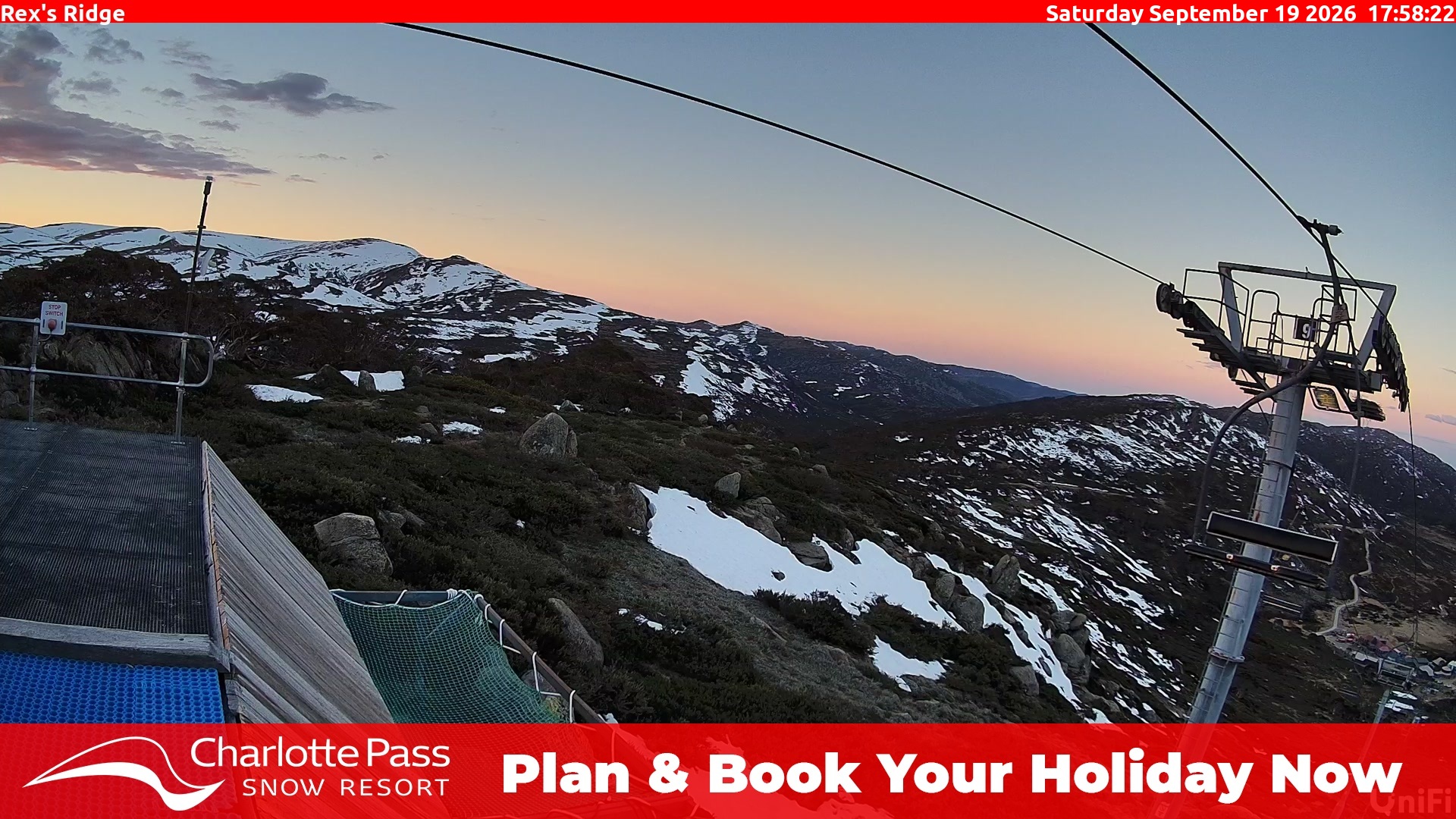 Charlotte Pass Rex's Ridge snow cam captured at 19 September 2026 at 6:05 pm AEST