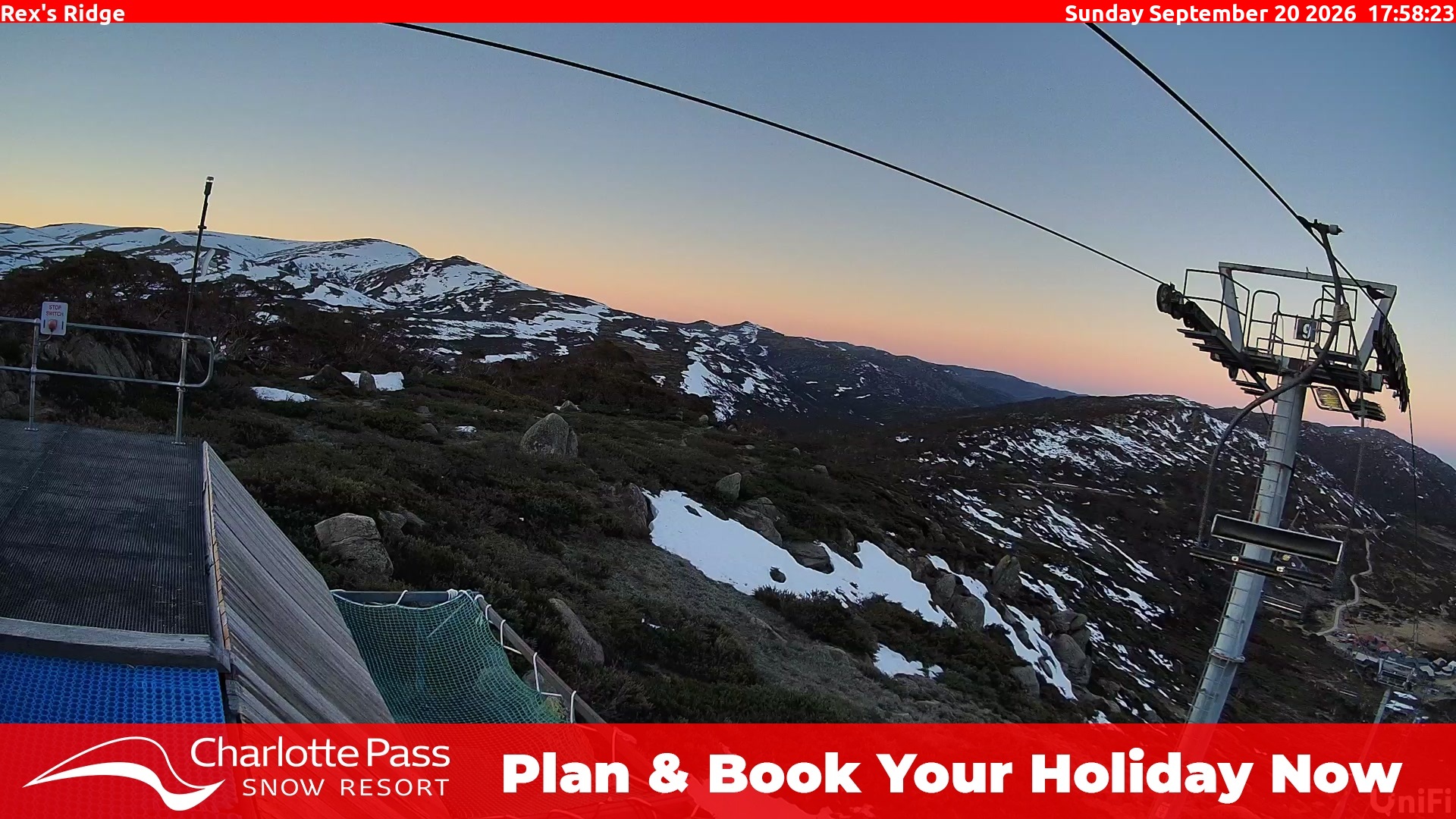 Charlotte Pass Rex's Ridge snow cam captured at 20 September 2026 at 6:07 pm AEST