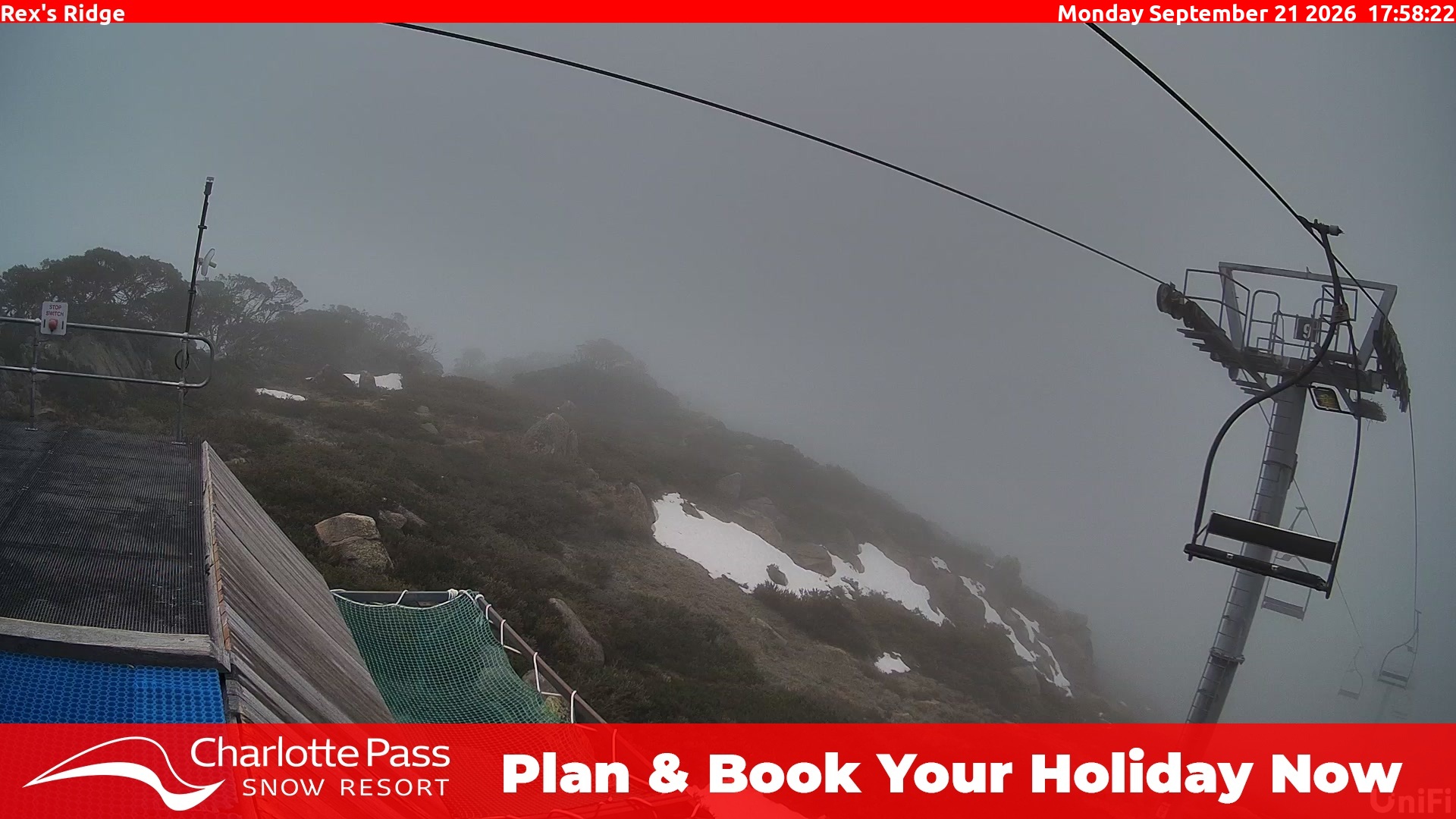 Charlotte Pass Rex's Ridge snow cam captured at 21 September 2026 at 6:00 pm AEST