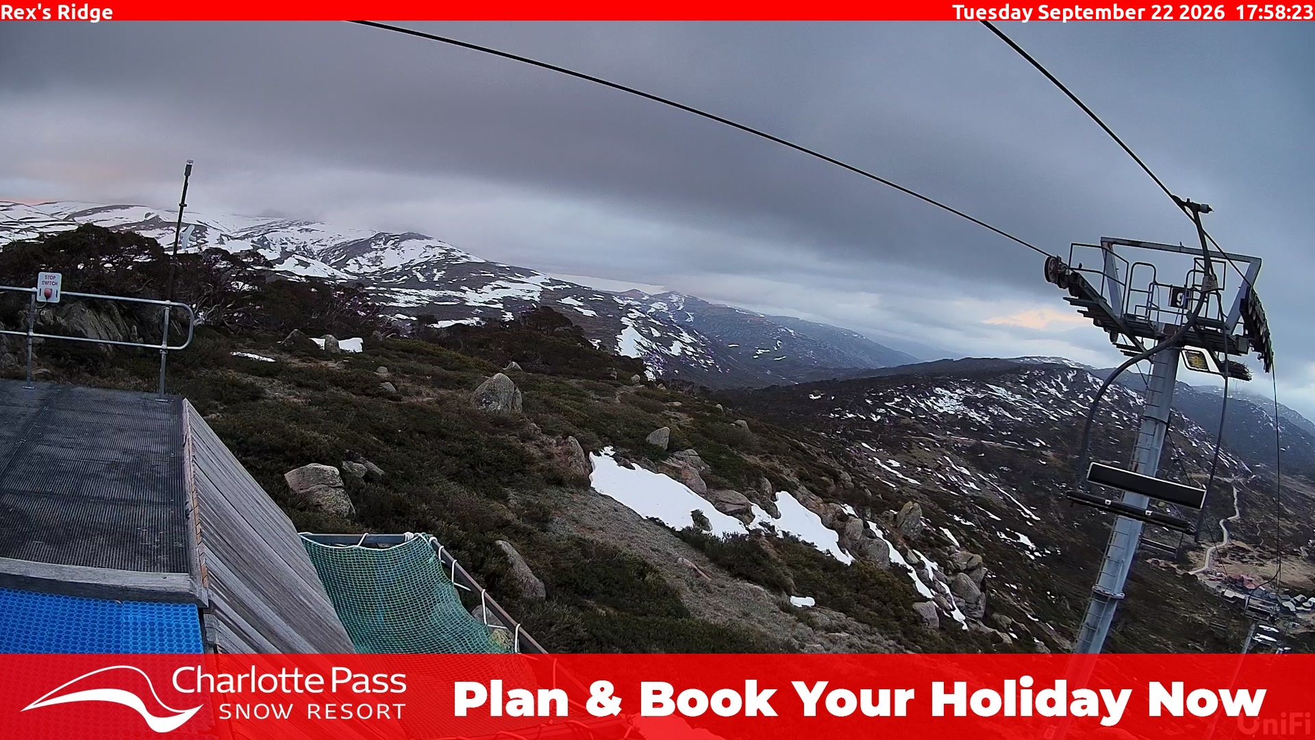 Charlotte Pass Rex's Ridge snow cam captured at 22 September 2026 at 6:03 pm AEST