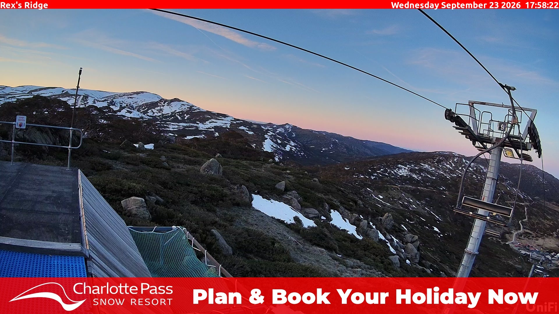 Charlotte Pass Rex's Ridge snow cam captured at 23 September 2026 at 6:05 pm AEST