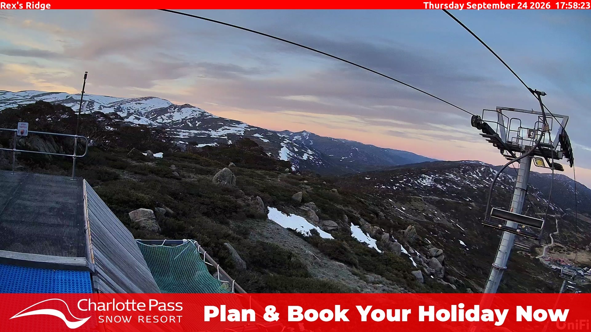 Charlotte Pass Rex's Ridge snow cam captured at 24 September 2026 at 6:01 pm AEST