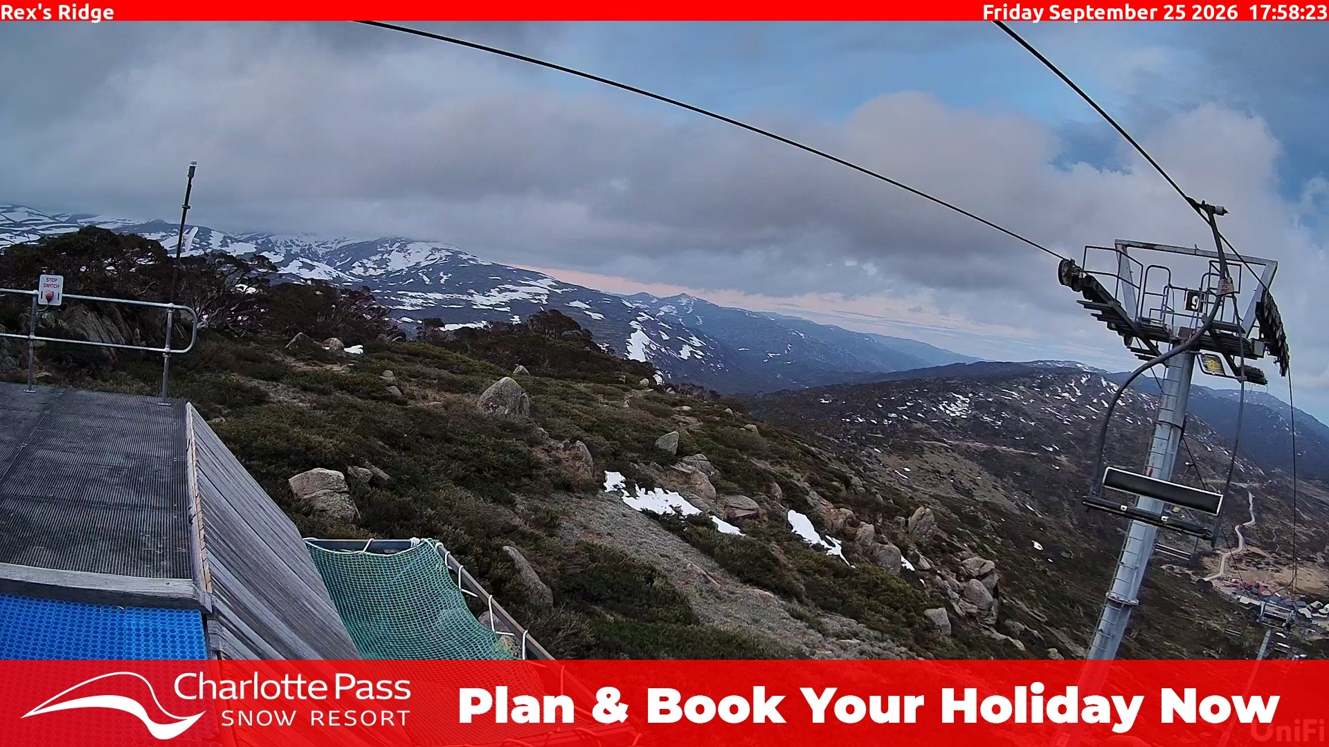 Charlotte Pass Rex's Ridge snow cam captured at 25 September 2026 at 6:05 pm AEST